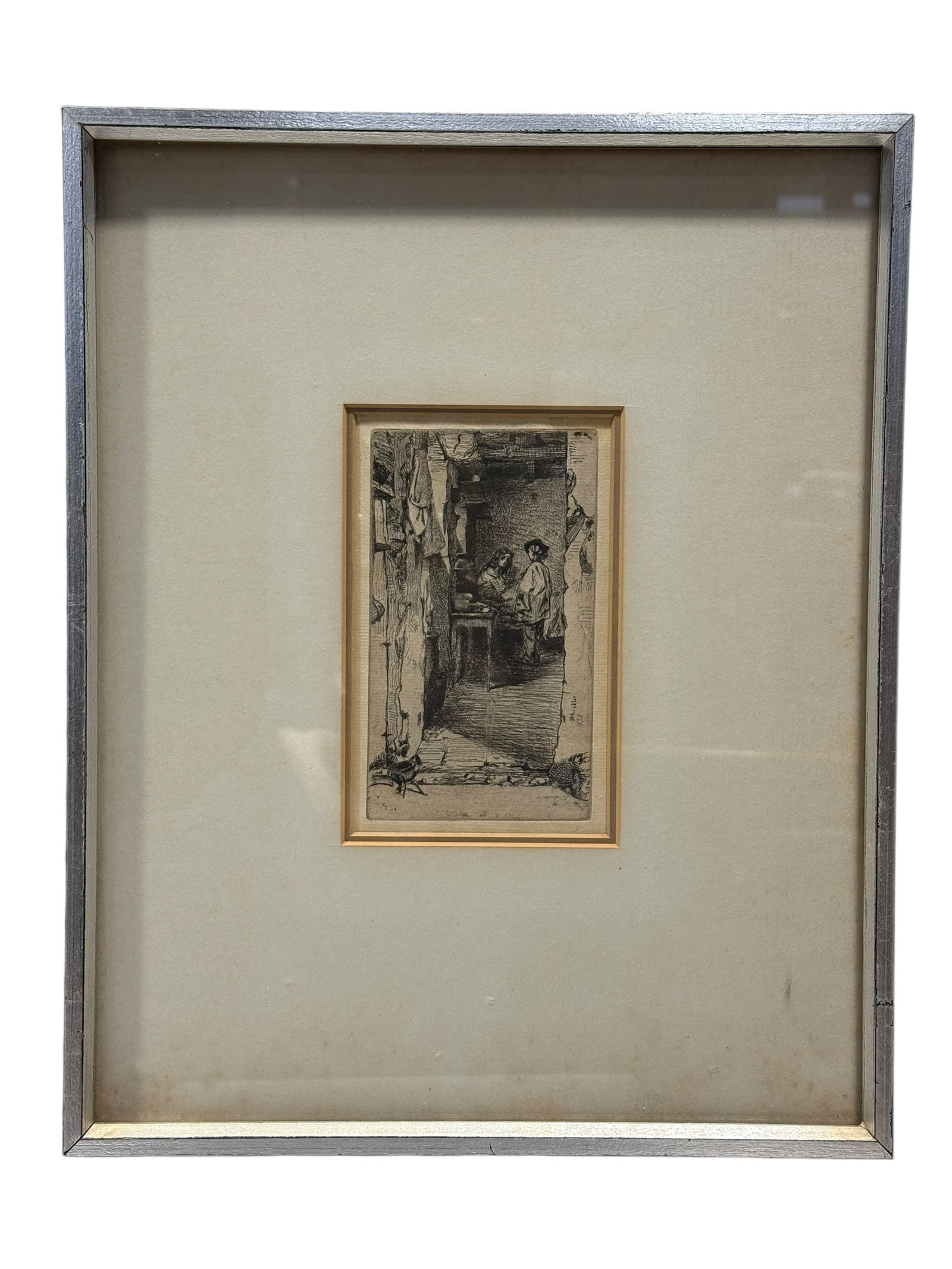 RARE James Abbott McNeil Whistler "The Rag Gatherers" Etching: RARE James Abbott McNeil Whistler "The Rag Gatherers" Etching. Signed Whistler 1858. James Abbott McNeil Whistler (1834-1903). Also, known as 'Little Rag Gatherers'. Etching measures 6" x 3.5". Frame