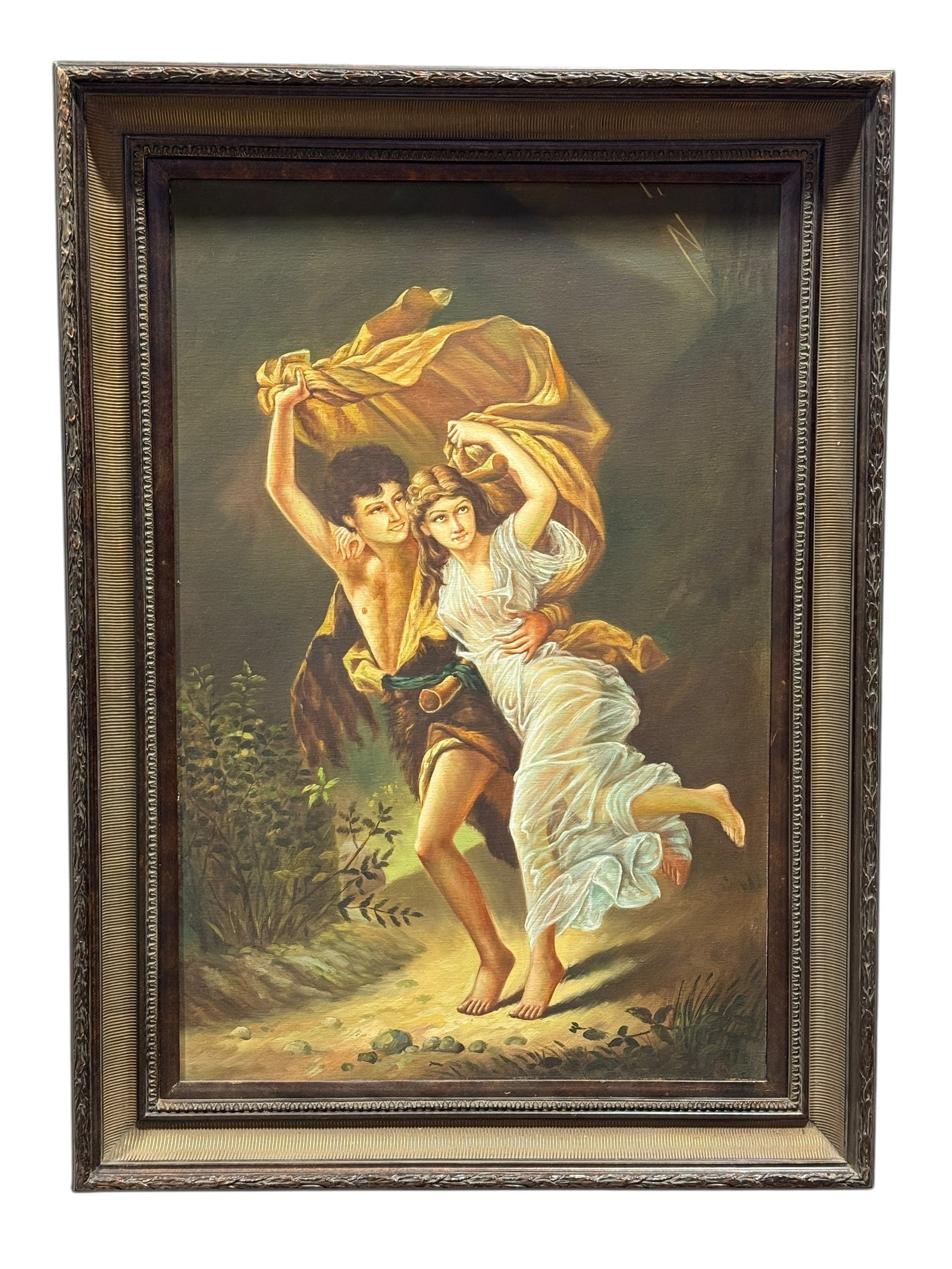 Early–Mid 20th C. Oil on Canvas Romantic Genre Scene: Oil on canvas depicting a romanticized classical scene of a young couple sheltering beneath a billowing golden drapery, executed in warm, softly blended tones with fluid movement influenced by academi