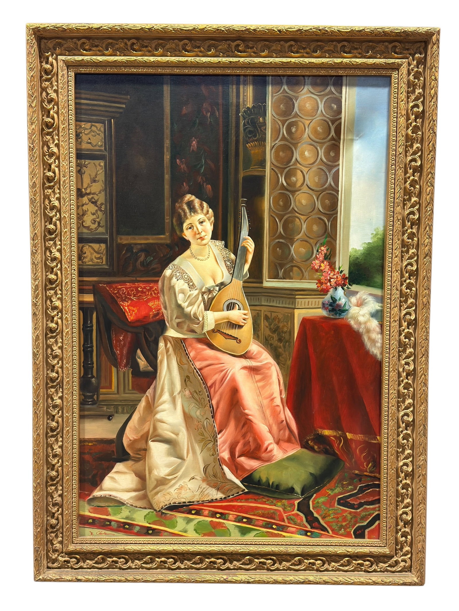 Mid 20th C. Signed Oil on Canvas Interior Genre Scene w/ Lute Player (1 of 8)