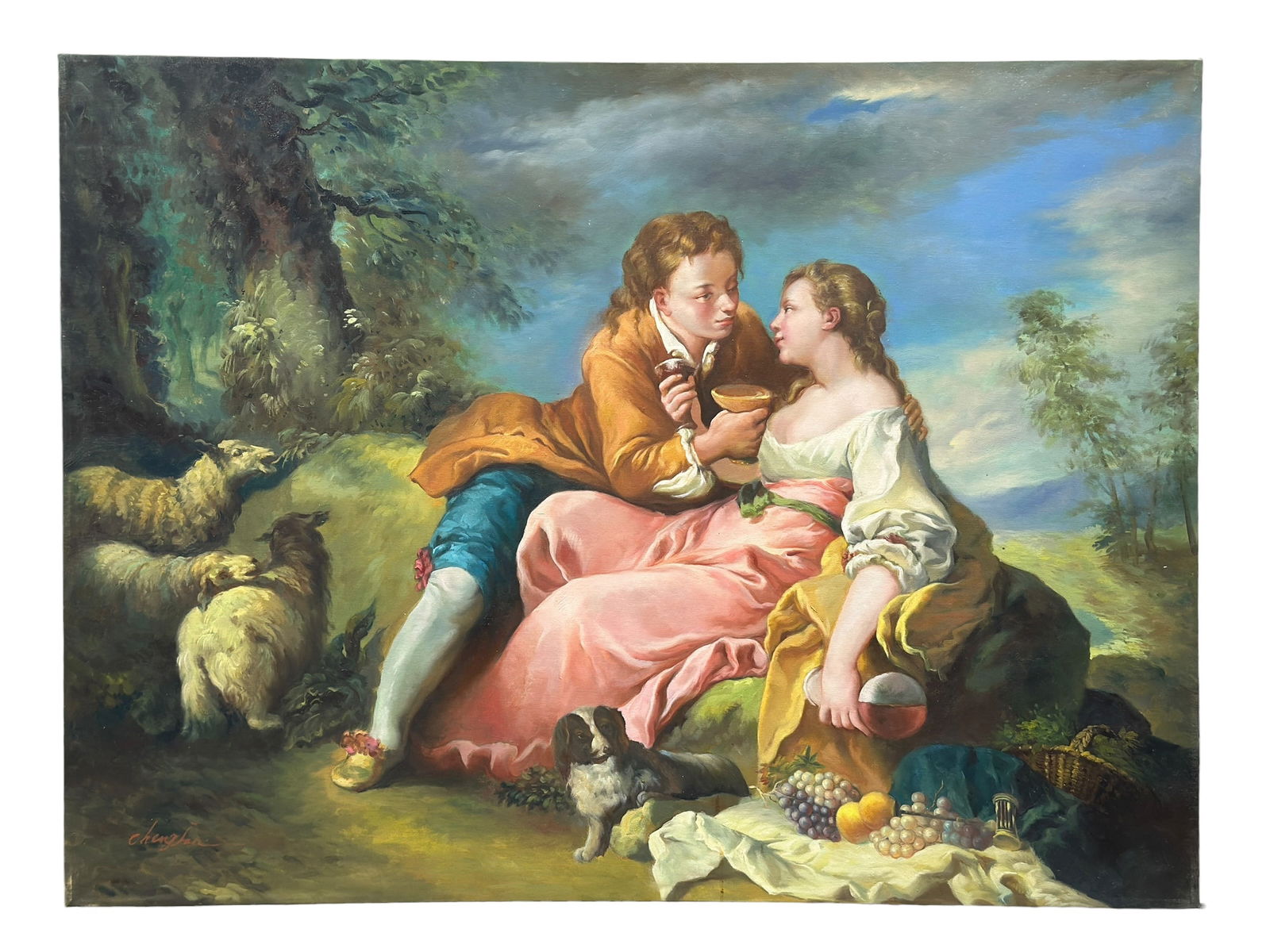 Romantic Pastoral Couple with Sheep, After the Rococo Tradition: Oil on canvas depicting a romantic pastoral scene of a young courting couple seated in an idyllic landscape, attended by sheep, a small dog, and a still-life grouping of fruit, all rendered in a soft,