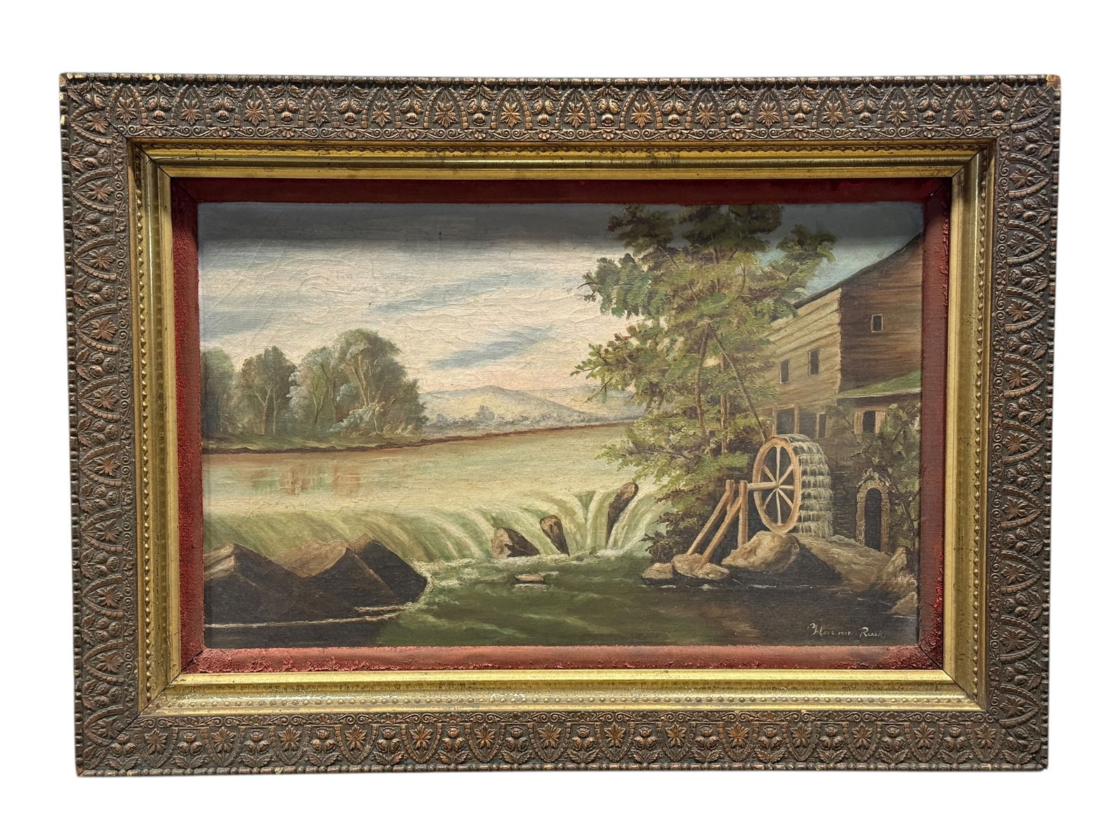 Early 20th C. Signed American Mill Landscape Oil on Canvas: Oil on canvas landscape depicting a tranquil riverside mill scene with a waterwheel beside a rustic wooden structure, cascading water over rocks in the foreground, and distant trees and rolling hills