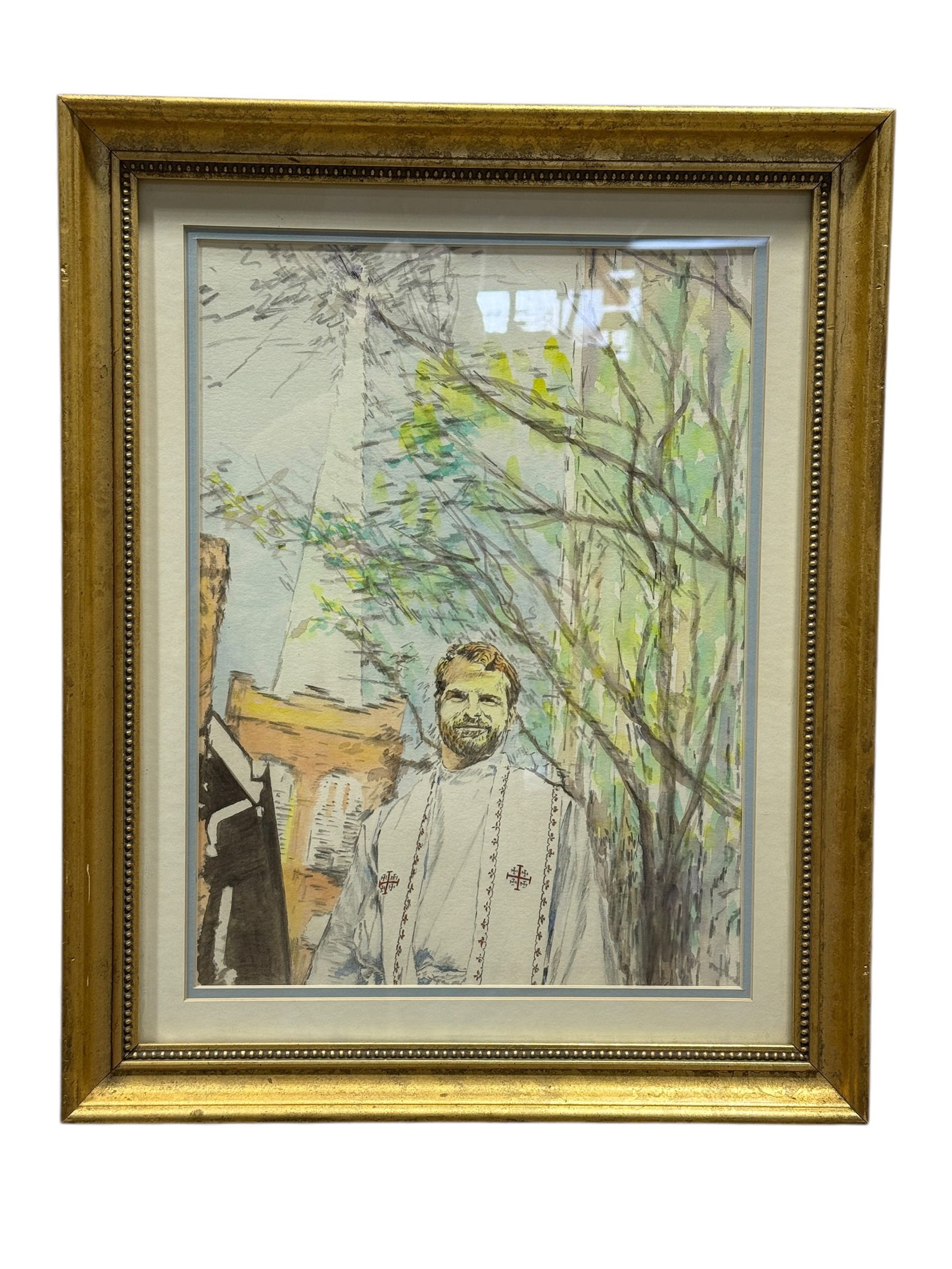 Late 20th Century Watercolor Portrait of a Clergyman: A finely executed late 20th century watercolor portrait depicting a bearded clergyman in ecclesiastical vestments, rendered with expressive line work and soft, layered washes that balance detail with