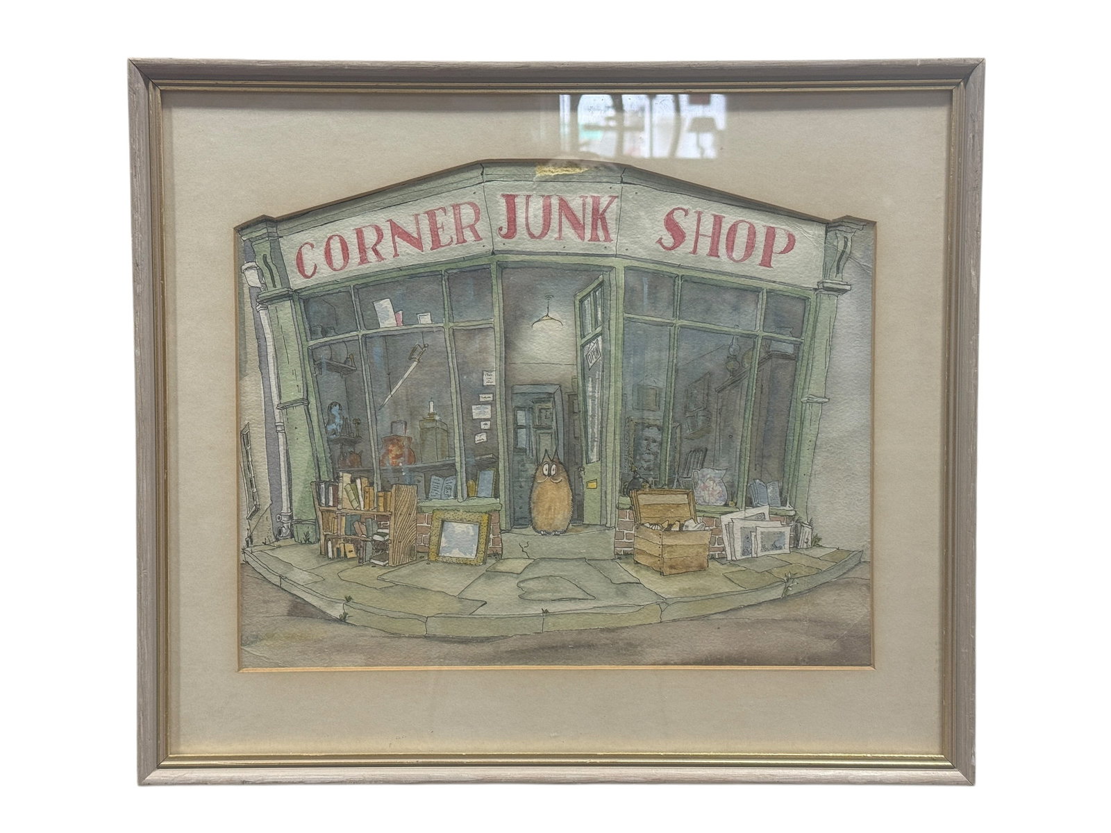 Whimsical “Corner Junk Shop” Watercolor Illustration (Jim Smith): Charming watercolor illustration depicting a quaint corner storefront labeled “Corner Junk Shop,” rendered in a soft, muted palette with fine ink linework and a playful, storybook quality,