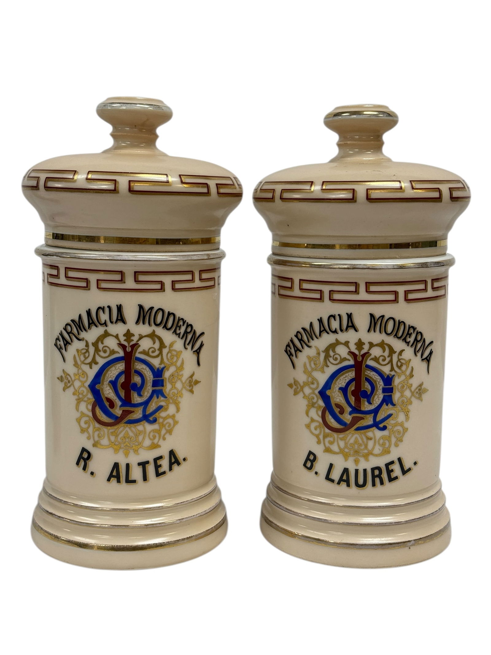 Pair of French “Farmacia Moderna” Glass Apothecary Jars: A fine matched pair of French milk glass apothecary jars, each of cylindrical form with domed lids and decorated in rich polychrome enamels and gilt, boldly lettered “Farmacia Moderna” and