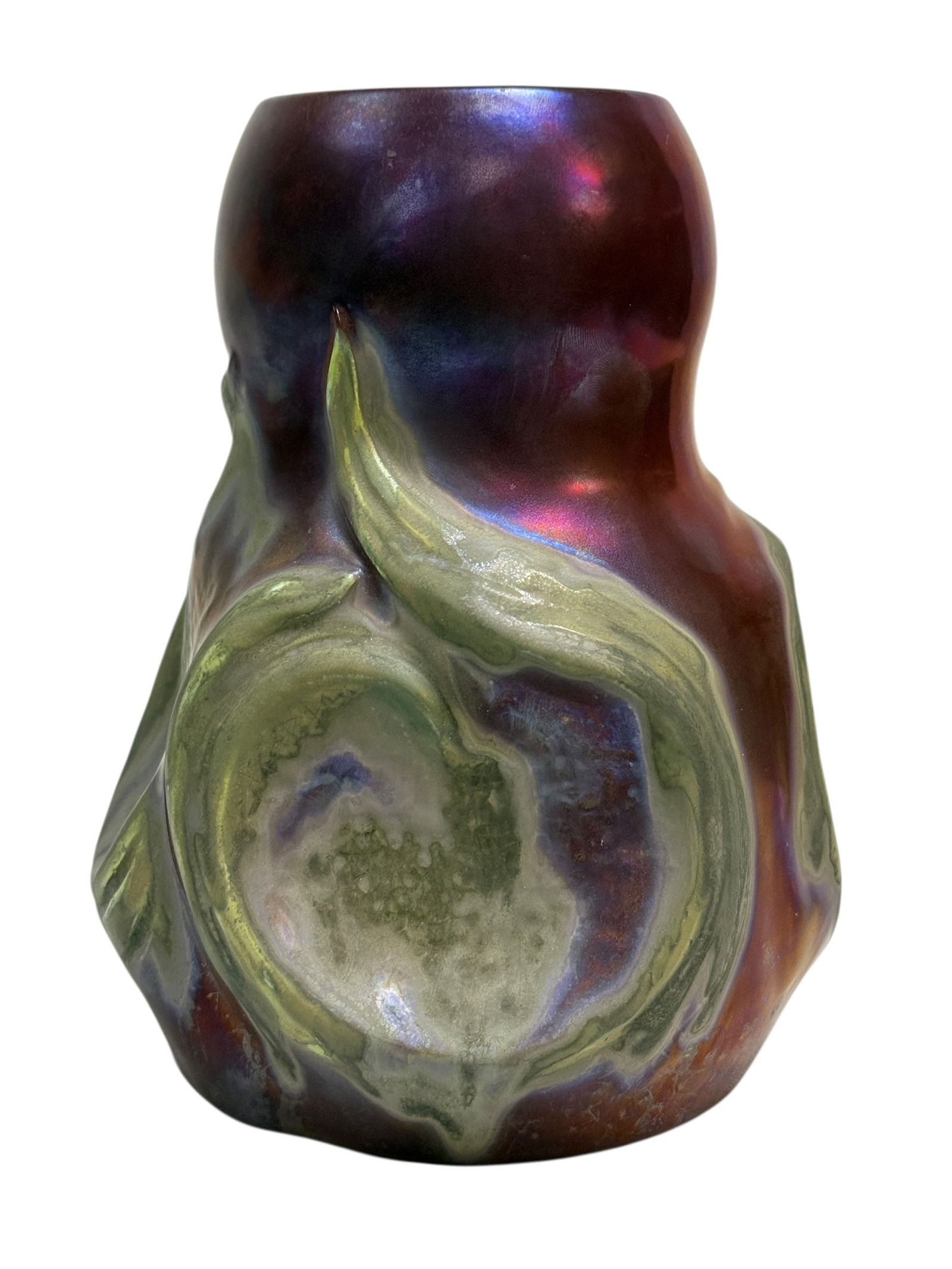 RARE Early 20th C. Art Nouveau Double Gourd Vase, In Clement Massier Manner: An evocative rare early 20th century Art Nouveau double gourd–form ceramic vase, likely French or possibly Hungarian, featuring a sculptural profile with raised, flowing foliate decoration wrapp