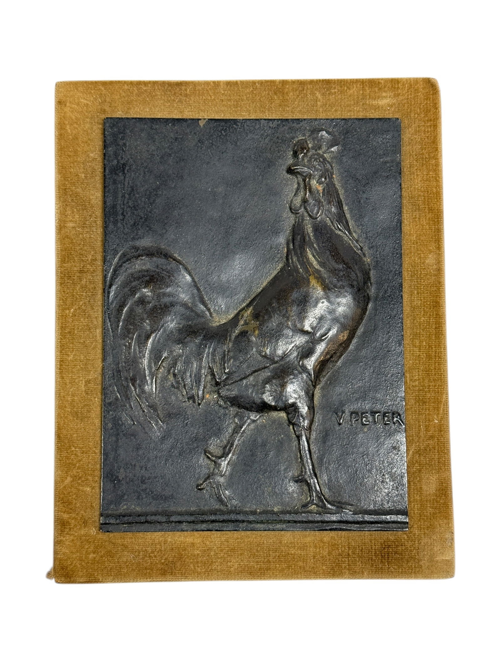 Signed Victor Peter (French, 1848–1918) Bronze Rooster Relief Plaque: A finely modeled French bronze relief plaque depicting a proud rooster in profile, executed with strong naturalistic detail and expressive surface modeling, signed V. Peter at lower right, after the c