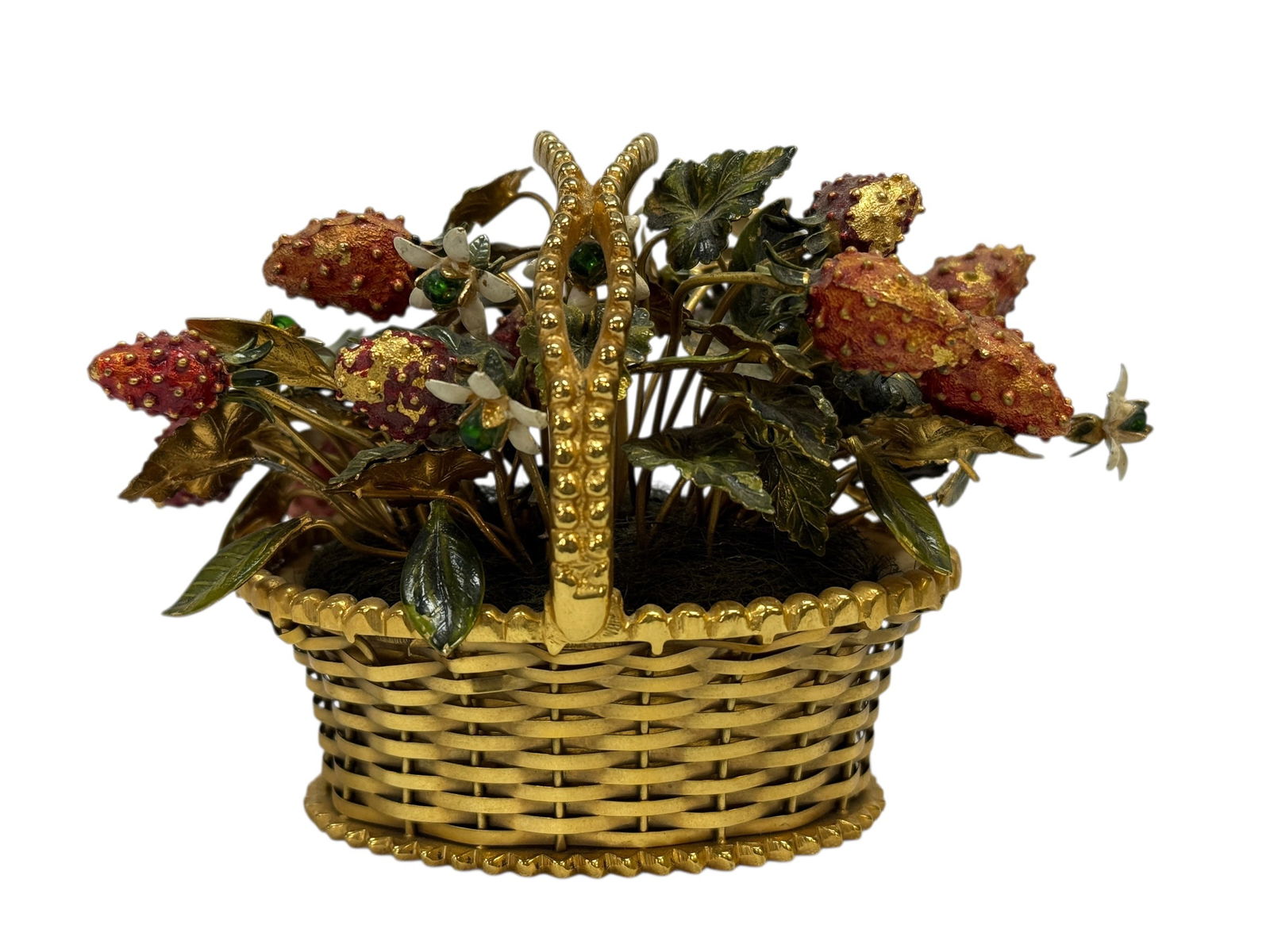 Jane Hutcheson “Fleurs des Siècles” Gilt & Enameled Strawberry Basket: Exquisite gilt metal strawberry basket designed by Jane Hutcheson for Gorham as part of the celebrated Fleurs des Siècles series, featuring finely modeled strawberries with richly textured red en
