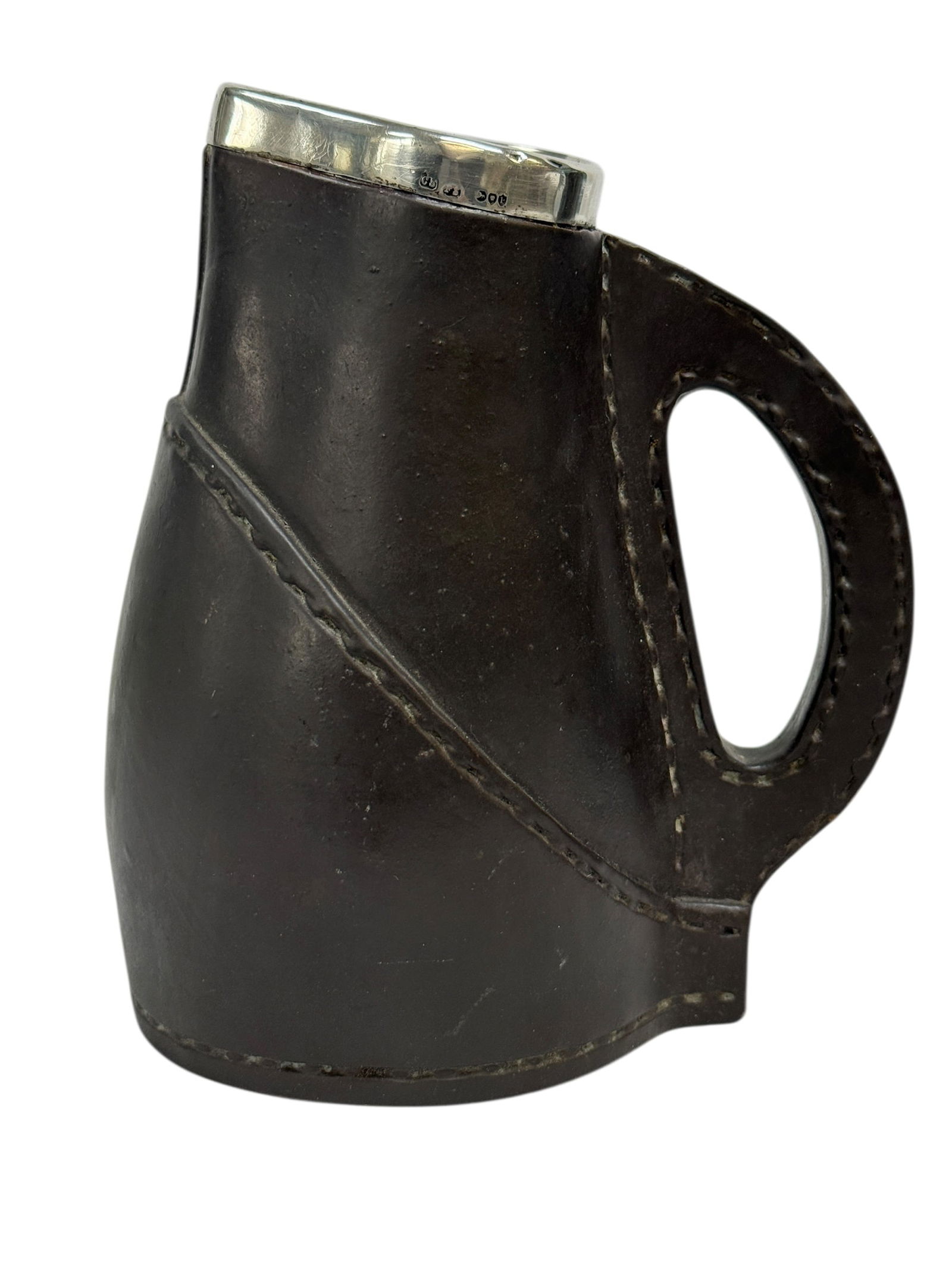 c. 1900 Doulton Lambeth Siliconware Pitcher w/ Sterling Silver Rim: This antique Doulton Lambeth siliconware pitcher features a rich dark brown stoneware body with an organic Arts & Crafts–influenced form, accented by a fitted sterling silver rim fully hallmarke