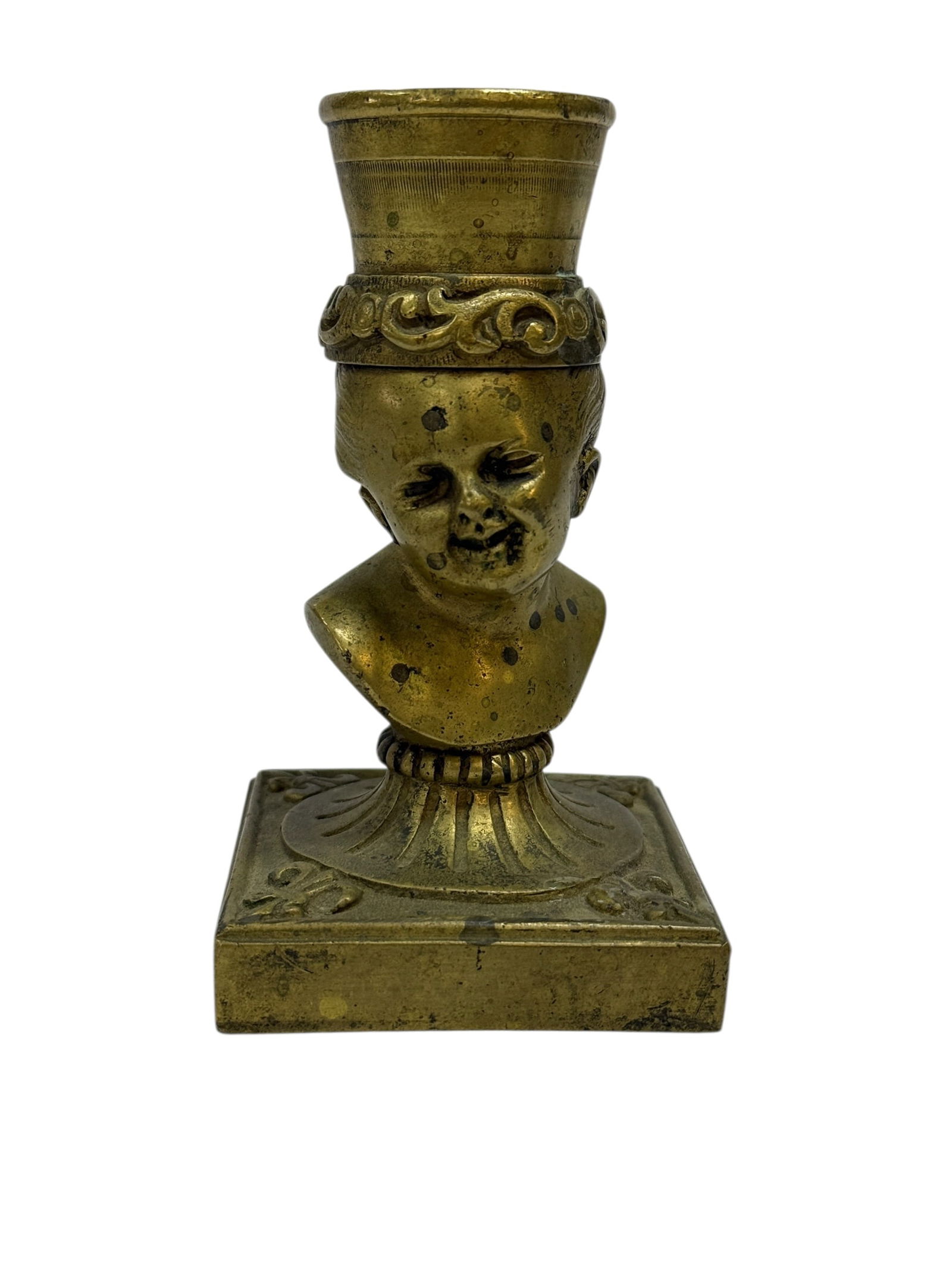 19th C. French Bronze Child Bust Form Match Holder: Charming and unusual 19th century French bronze match holder or small spill vase, cast in the form of a young child’s bust wearing an ornate cylindrical headdress, with decorative scrollwork ban