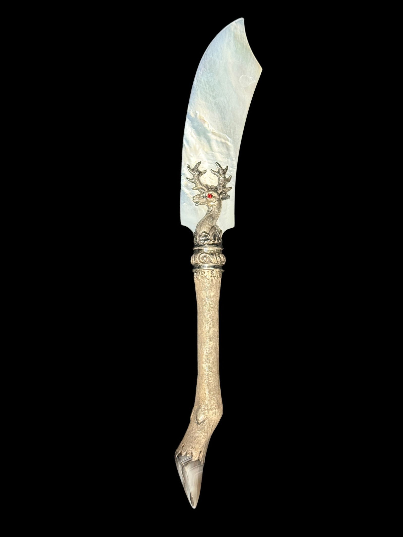 Antique Sterling & Mother-of-Pearl Letter Opener w/ Stag Motif & Agate Terminal (1 of 8)