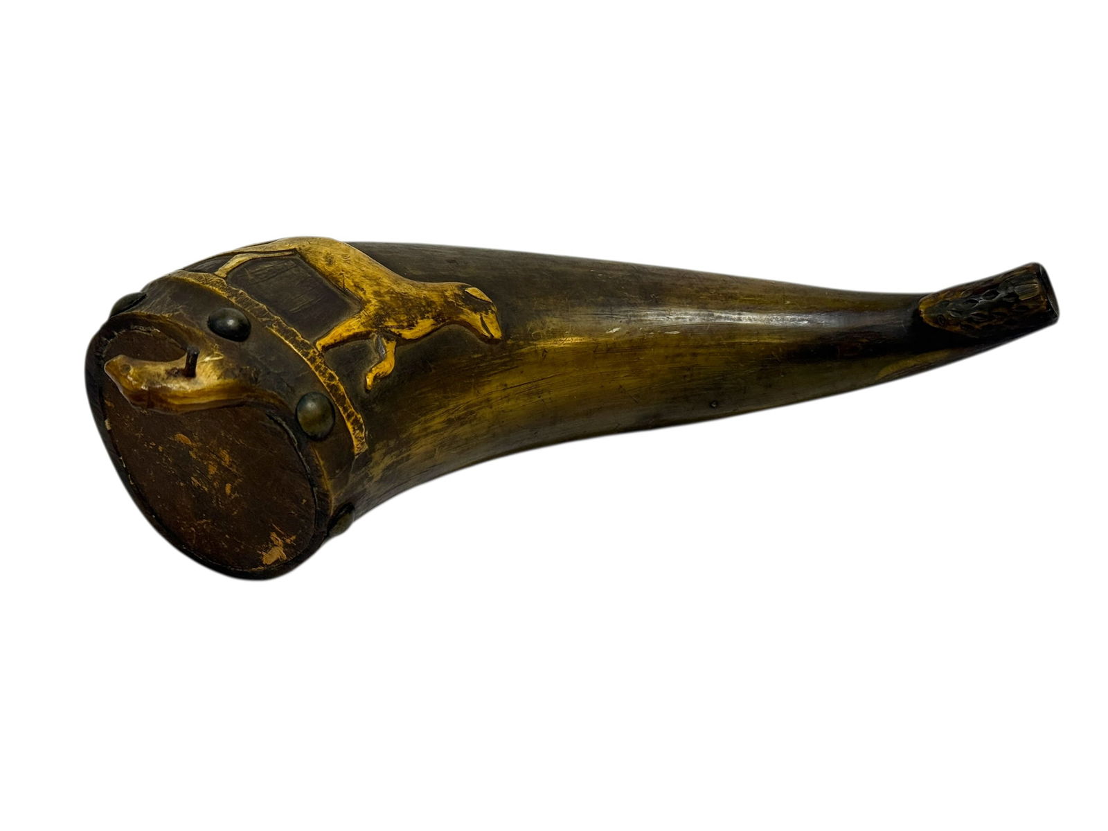 Signed W. Helliher 19th C. Powder Horn w/ Carved Dog Motif (1 of 7)