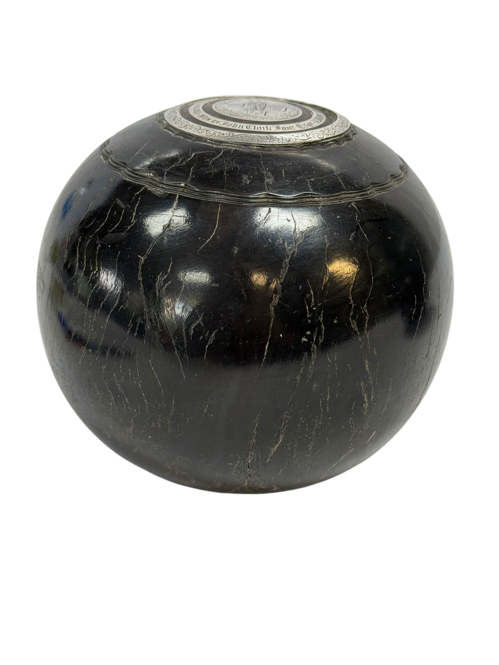 19th C. English Lawn Bowling Ball w/ Sterling Silver Mounts (1 of 7)