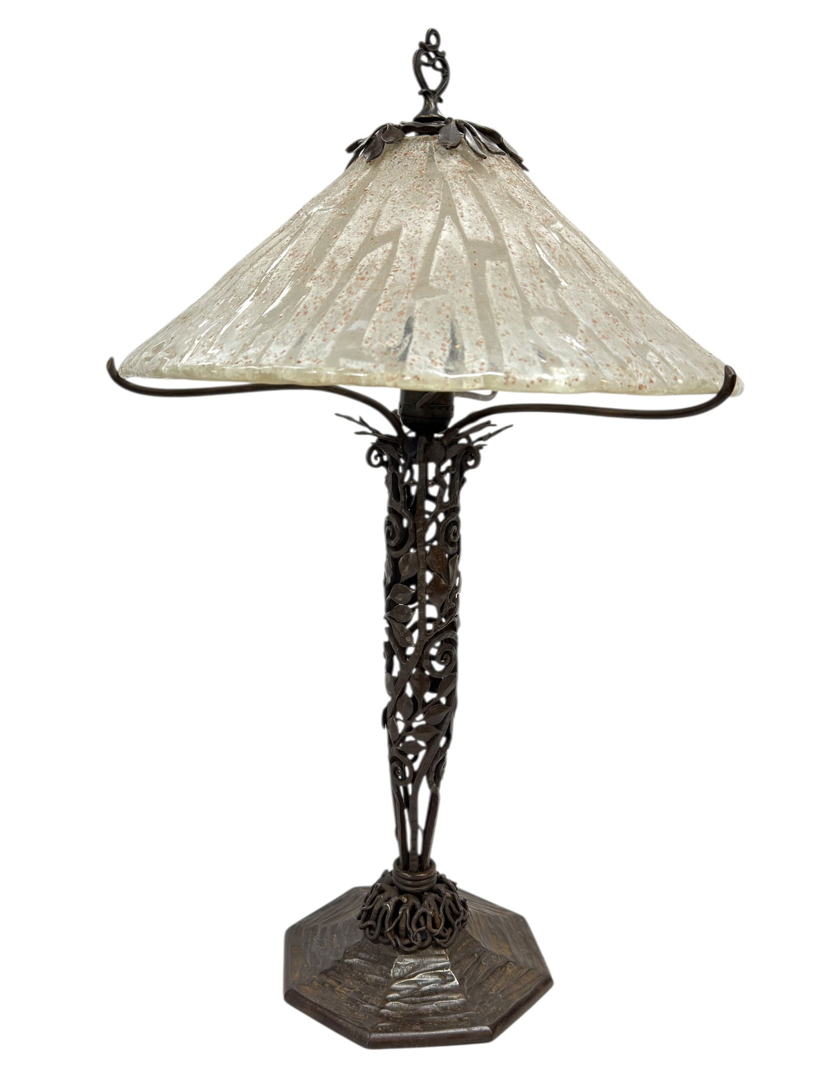 Rare Signed Louis Katona French Art Deco Wrought Iron & Mottled Glass Shade Lamp (1 of 17)