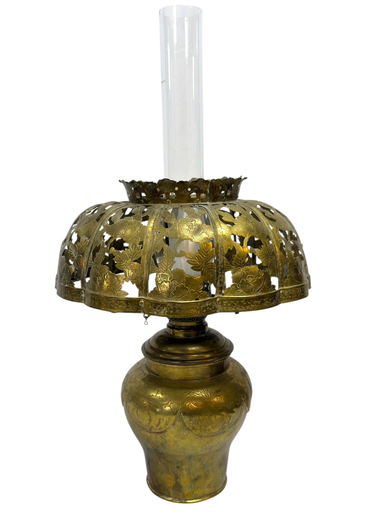 Late 19th C. Brass Converted Oil Lamp w/ Pierced Floral Shade (1 of 12)
