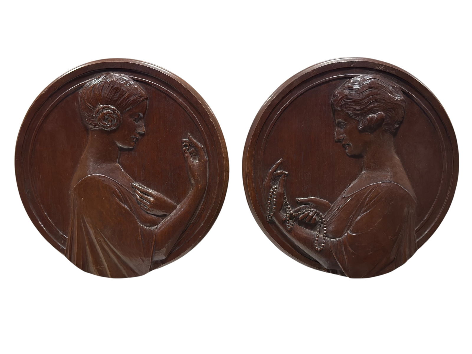 Arts & Crafts Carved Wood Plaques “The Token” & “The Heirloom” (Pair) (1 of 9)