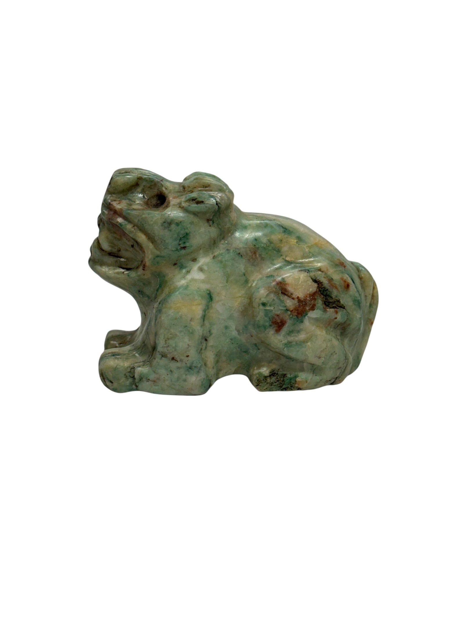 Carved Stone Guardian Lion Figure: Charming hand-carved stone figure depicting a traditional foo dog (guardian lion), shown in a crouched pose with an expressive open mouth and stylized features. The stone has beautiful natural marblin
