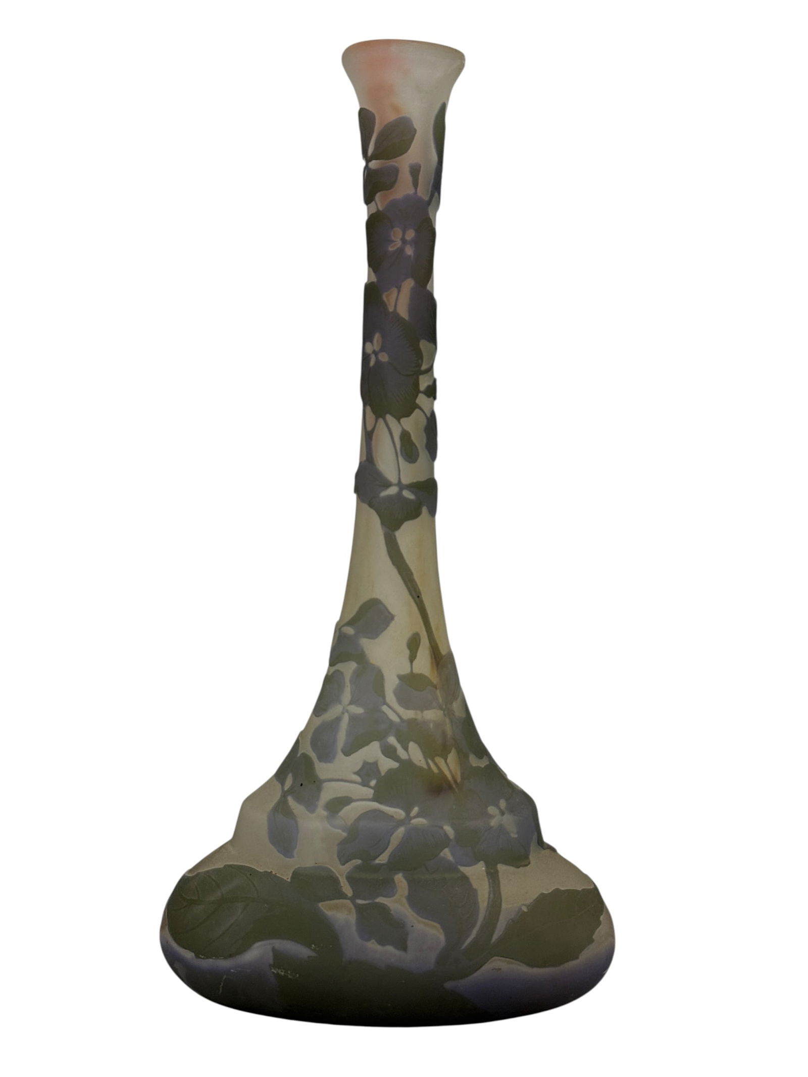 Galle Style Cameo Art Glass Floral Bud Vase: Elegant Galle Style cameo art glass bud vase featuring a tall, slender trumpet form with a softly frosted ground and raised floral decoration in muted violet and green tones, blending into a warm ambe