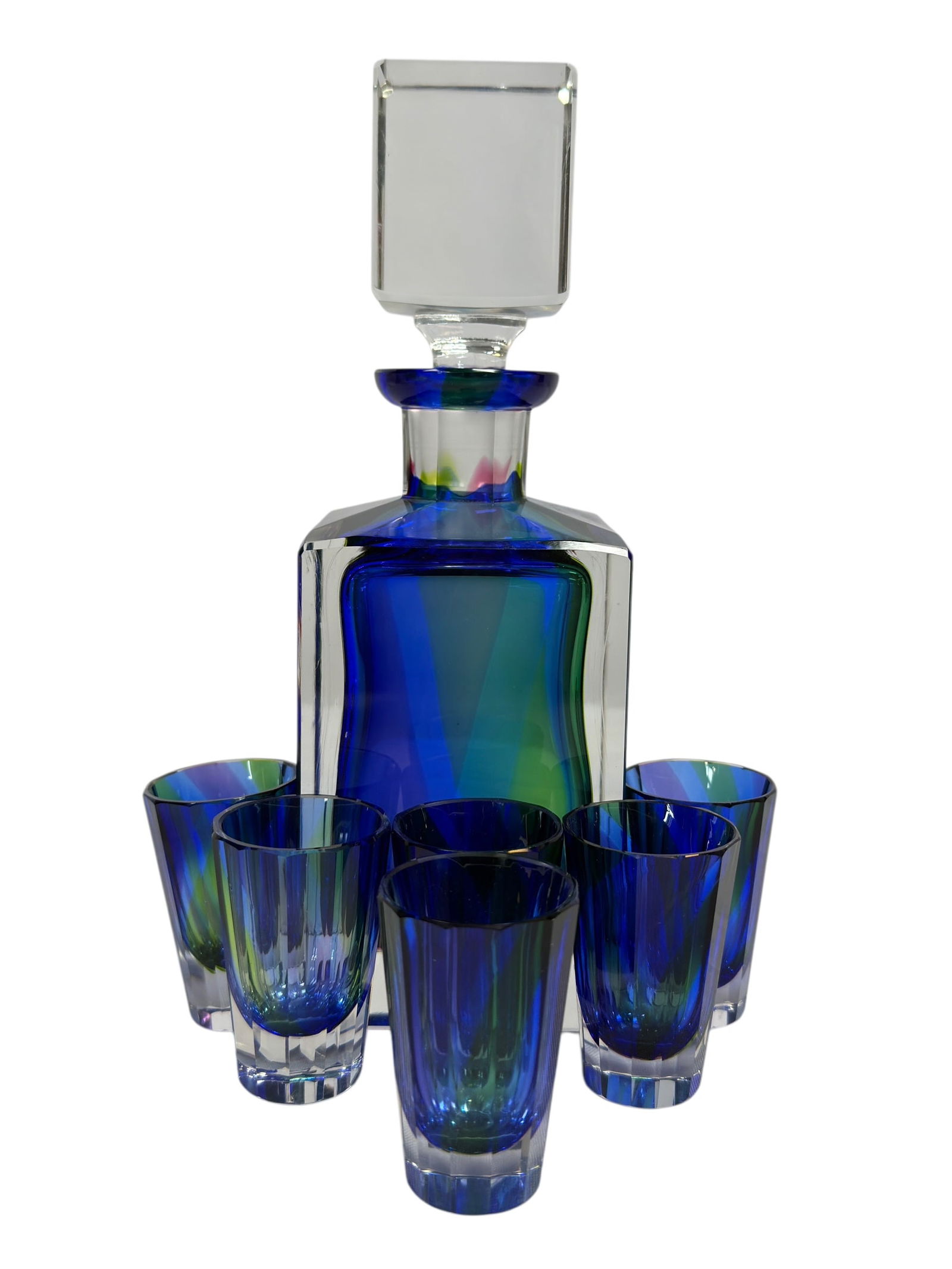(7Pc) MCM Posselt Krystall Sommerso Murano Style Decanter Set: Striking mid-century modern art glass decanter set attributed to Posselt Krystall, featuring a bold sommerso-style design with rich layered blue and green glass encased in clear crystal, giving the pi