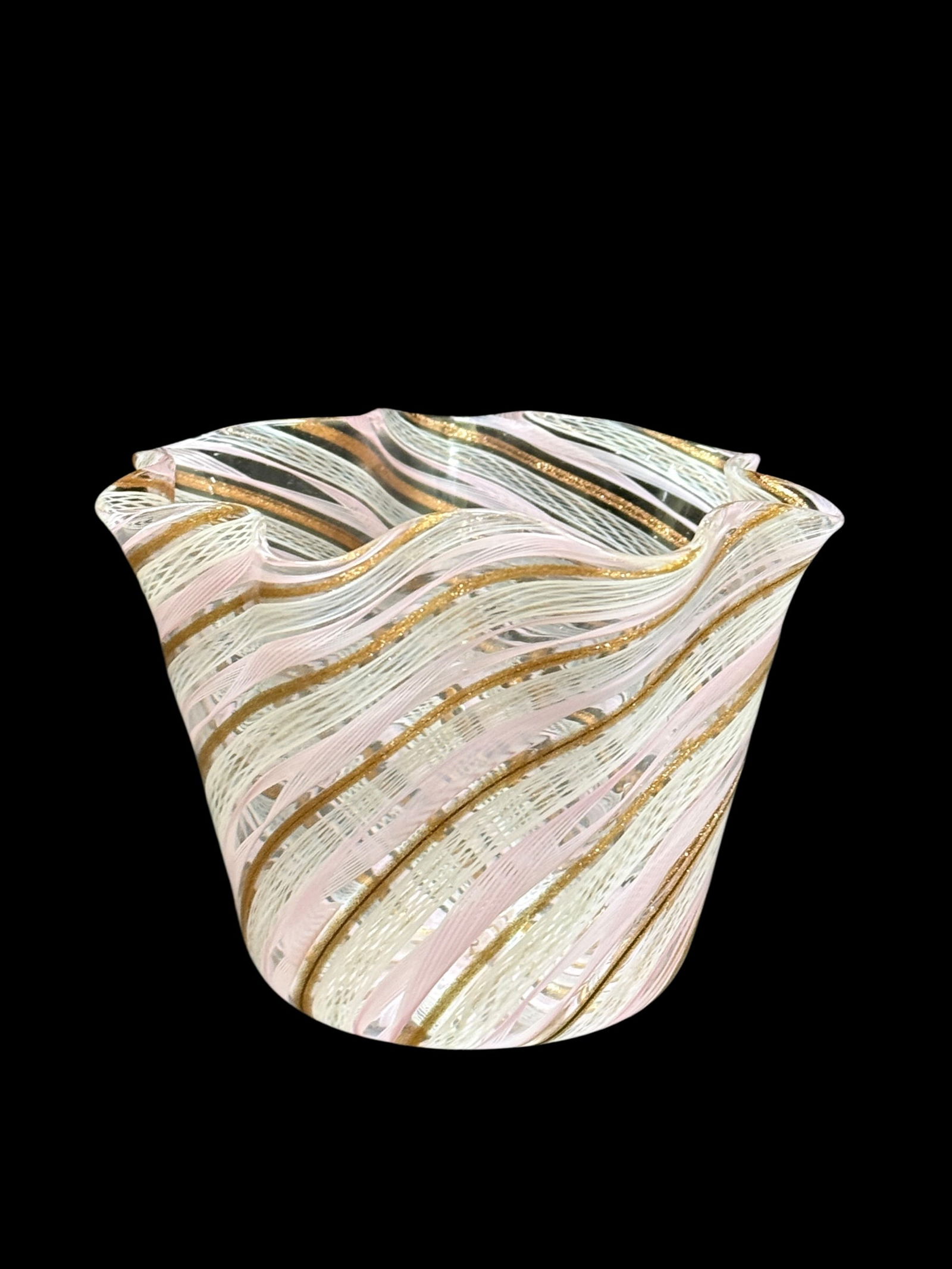 Murano Art Glass Ribbon Swirl Bowl W/ Gold Aventurine Accents: Decorative Murano-style hand blown art glass bowl featuring an elegant ruffled rim and swirling ribbon design in soft pink and white latticino striping, highlighted with shimmering gold aventurine tra