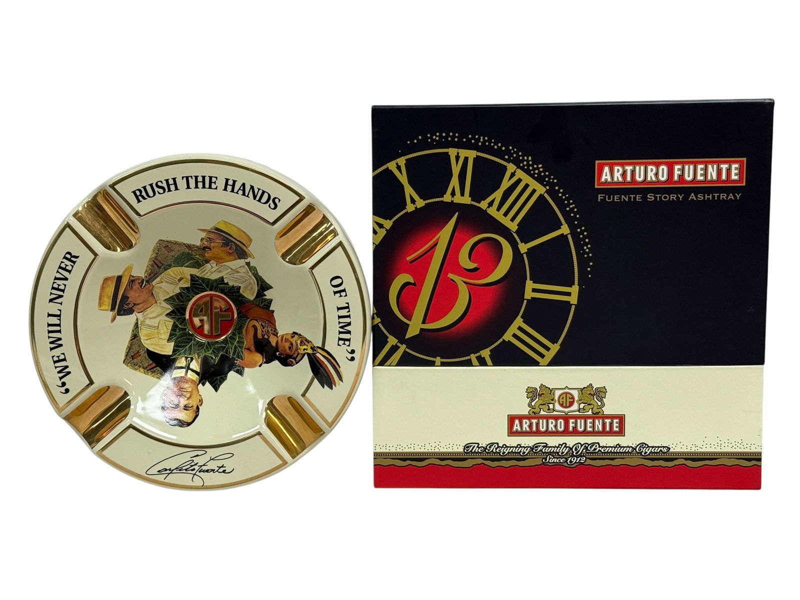 Arturo Fuente “Fuente Story” Ceramic Cemento Ashtray w/ Box: Striking Arturo Fuente “Fuente Story” cigar ashtray in the popular “Cemento” style, featuring the bold AF crest, Roman numeral clock motif, and the famous quote “We Will