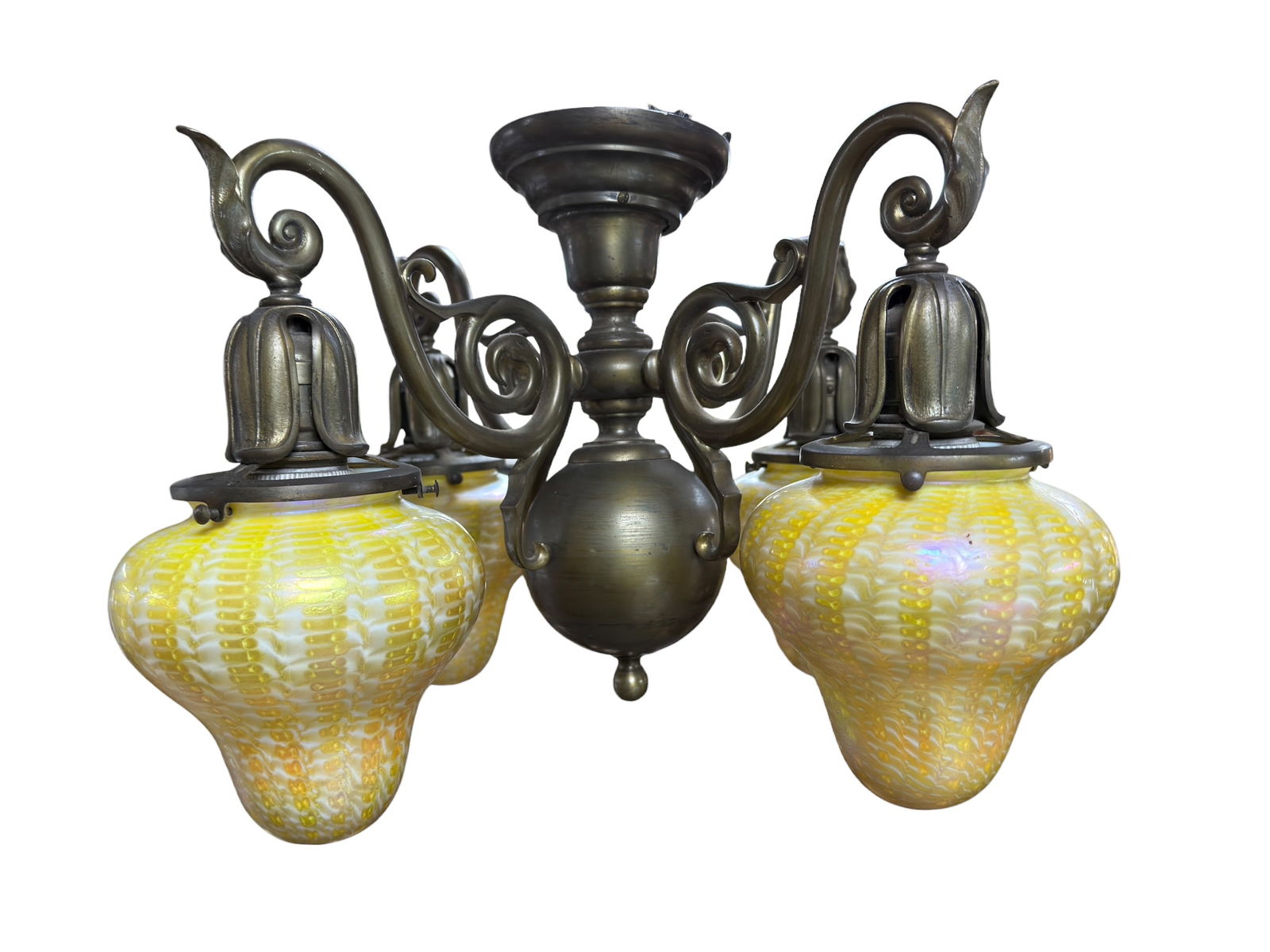 Brass 4 Light Fixture w/ Signed Quezal “Zipper” Iridescent Shades: Exceptional early 20th century brass four-light ceiling fixture fitted with four original Quezal iridescent art glass shades in the desirable “Zipper” pattern, each shade signed on the fit