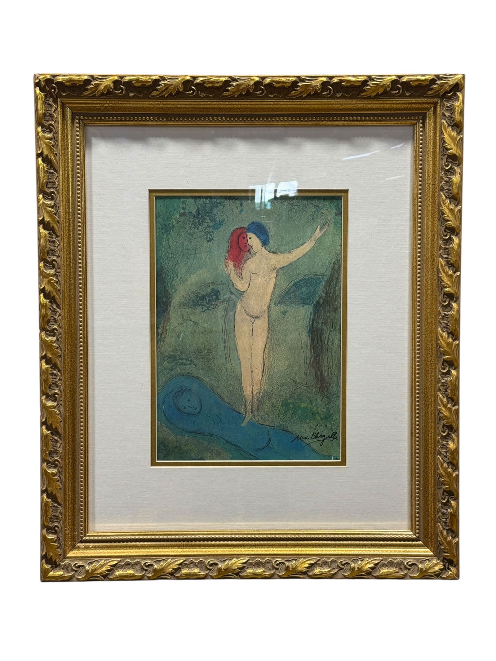 Signed Marc Chagall “Chloe’s Kiss II” Facsimile Lithograph: Open edition 7-color offset lithograph after Marc Chagall’s “Chloe’s Kiss II” from the celebrated Daphnis and Chloe suite, featuring the characteristic dreamlike imagery of a n