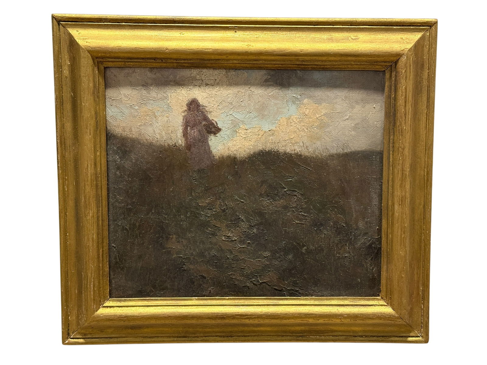 19th C French Impressionist Oil Painting on Board: Charming 19th century French Impressionist oil painting on board depicting a solitary cloaked figure standing along a windswept landscape beneath a softly illuminated sky, executed with rich atmospher