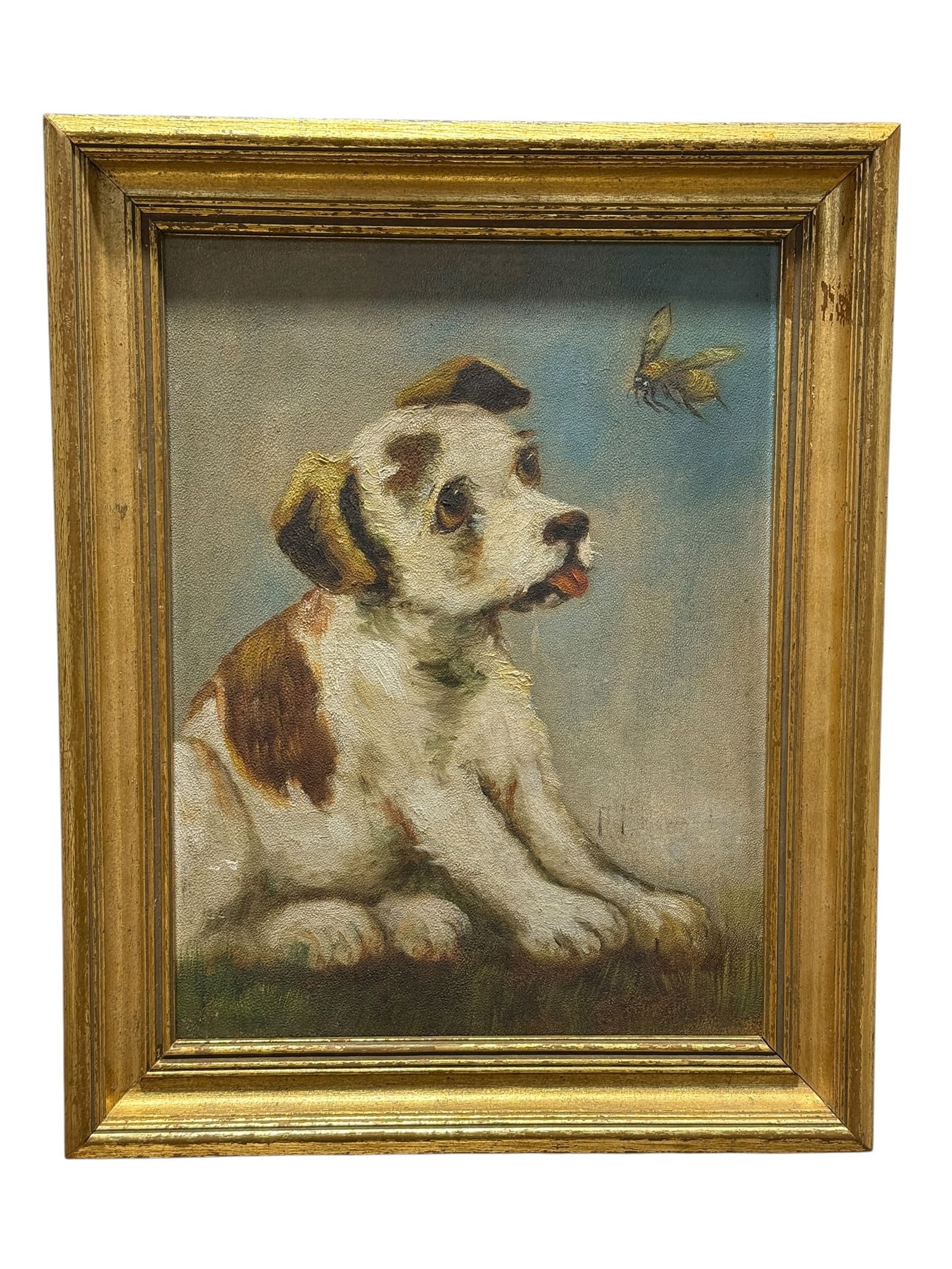 Signed 1920s–1930s Oil on Board Painting of Dog Watching a Bee (1 of 8)