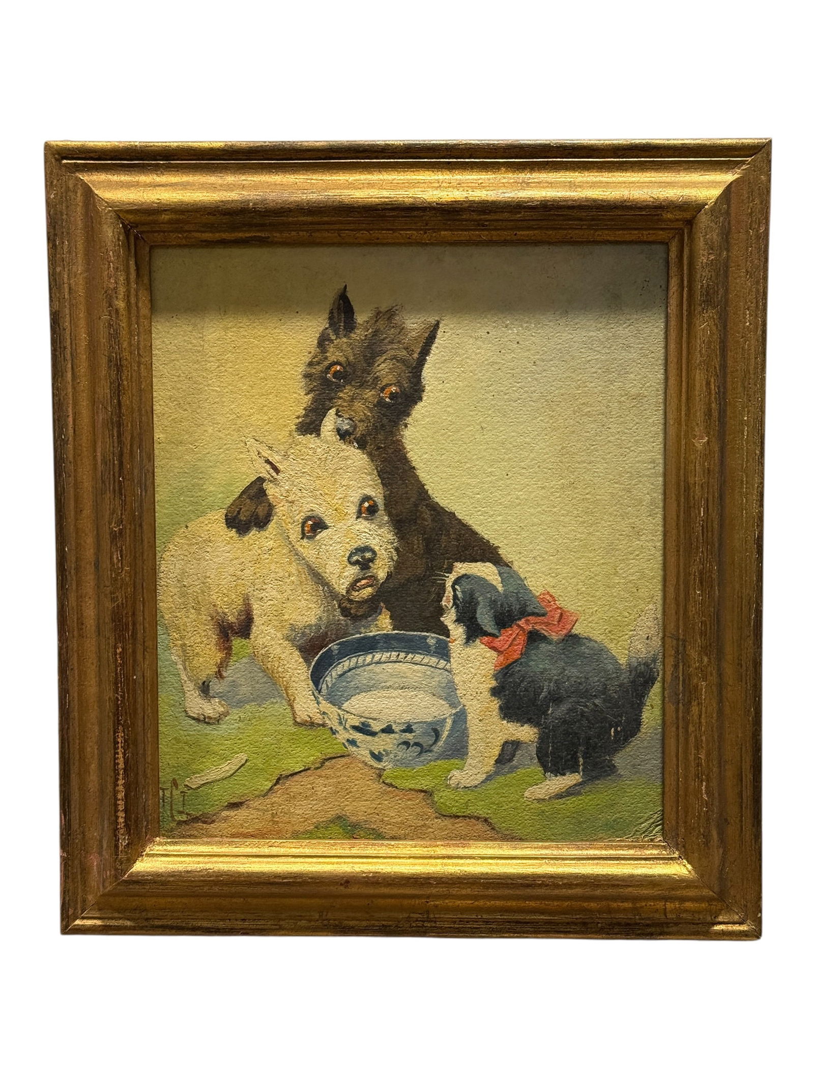 Cir 1930s Signed Oil on Board Painting of 2 Dogs & Cat at Bowl (1 of 7)