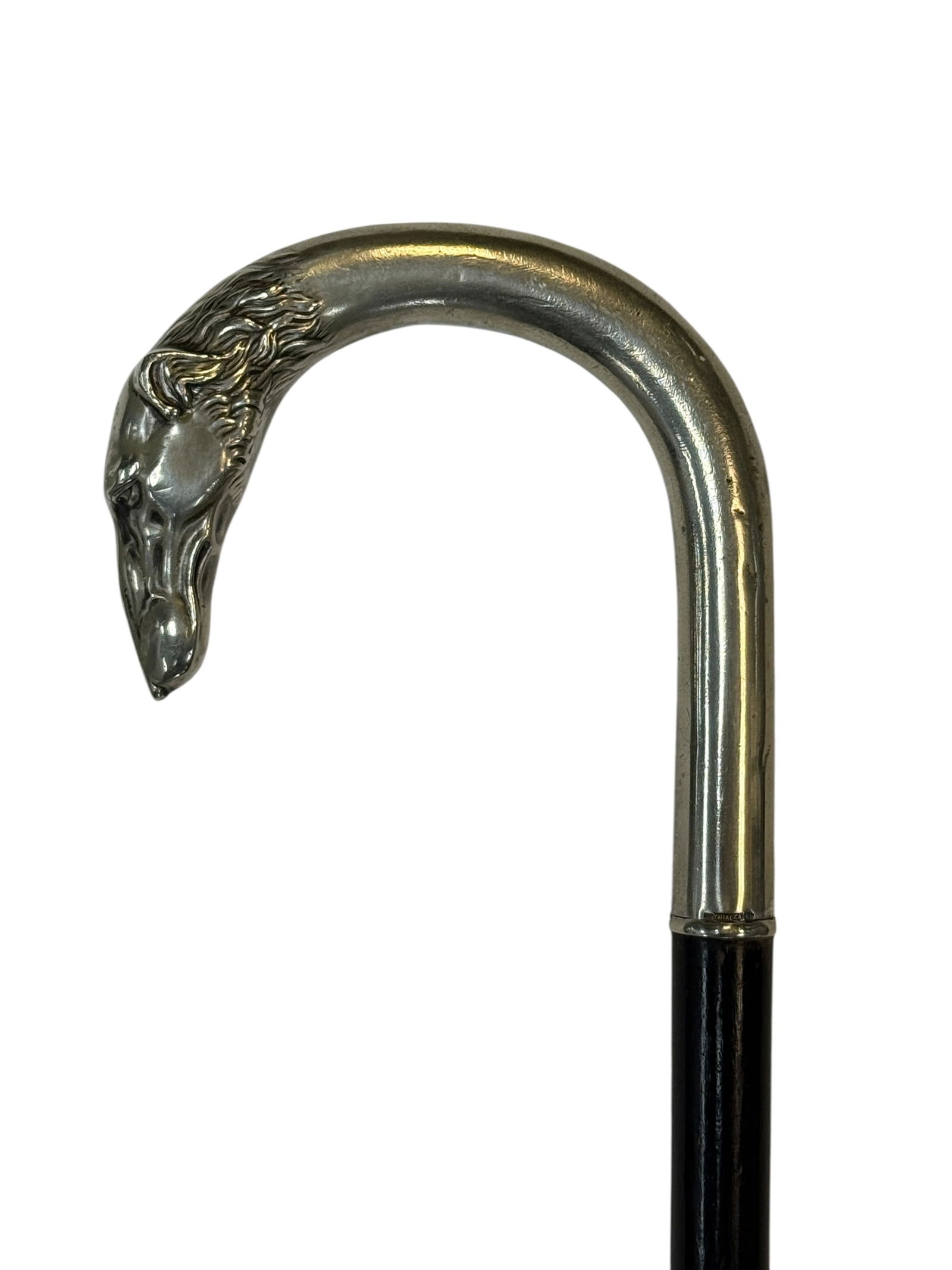 1880s–1900s 800 Silver German Dog Head Handle Gentleman’s Cane: Striking and finely crafted, this late 19th to early 20th century German gentleman’s walking cane features an elegant sculptural dog head handle formed in silver, with expressive facial detailin