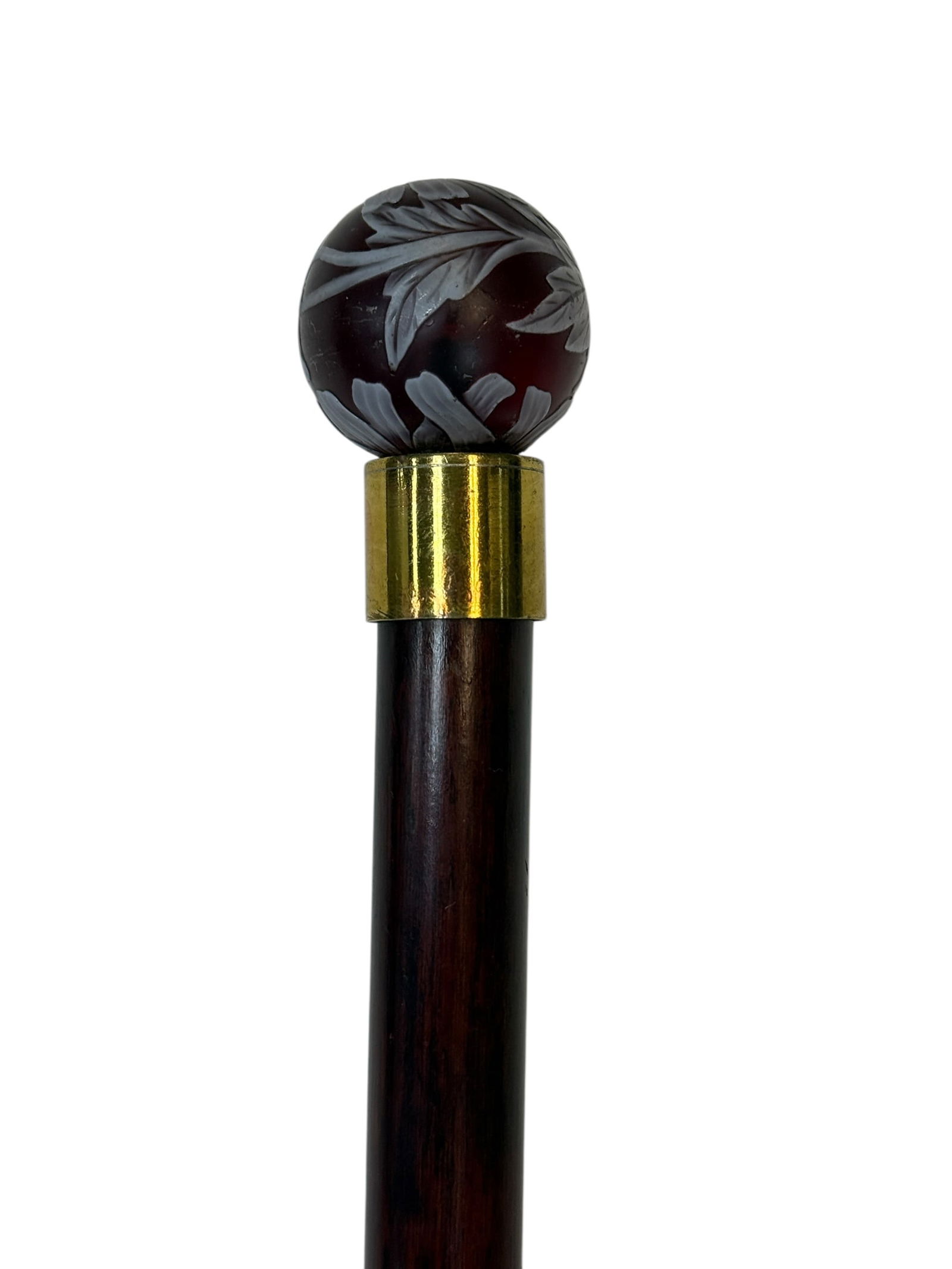 RARE Late 19th C. Thomas Webb & Sons Cameo Glass Handle Dress Cane: RARE Late 19th century English dress cane featuring a rare Thomas Webb & Sons cameo glass spherical handle, the deep ruby red ground overlaid in white and finely carved with scrolling foliate and flor
