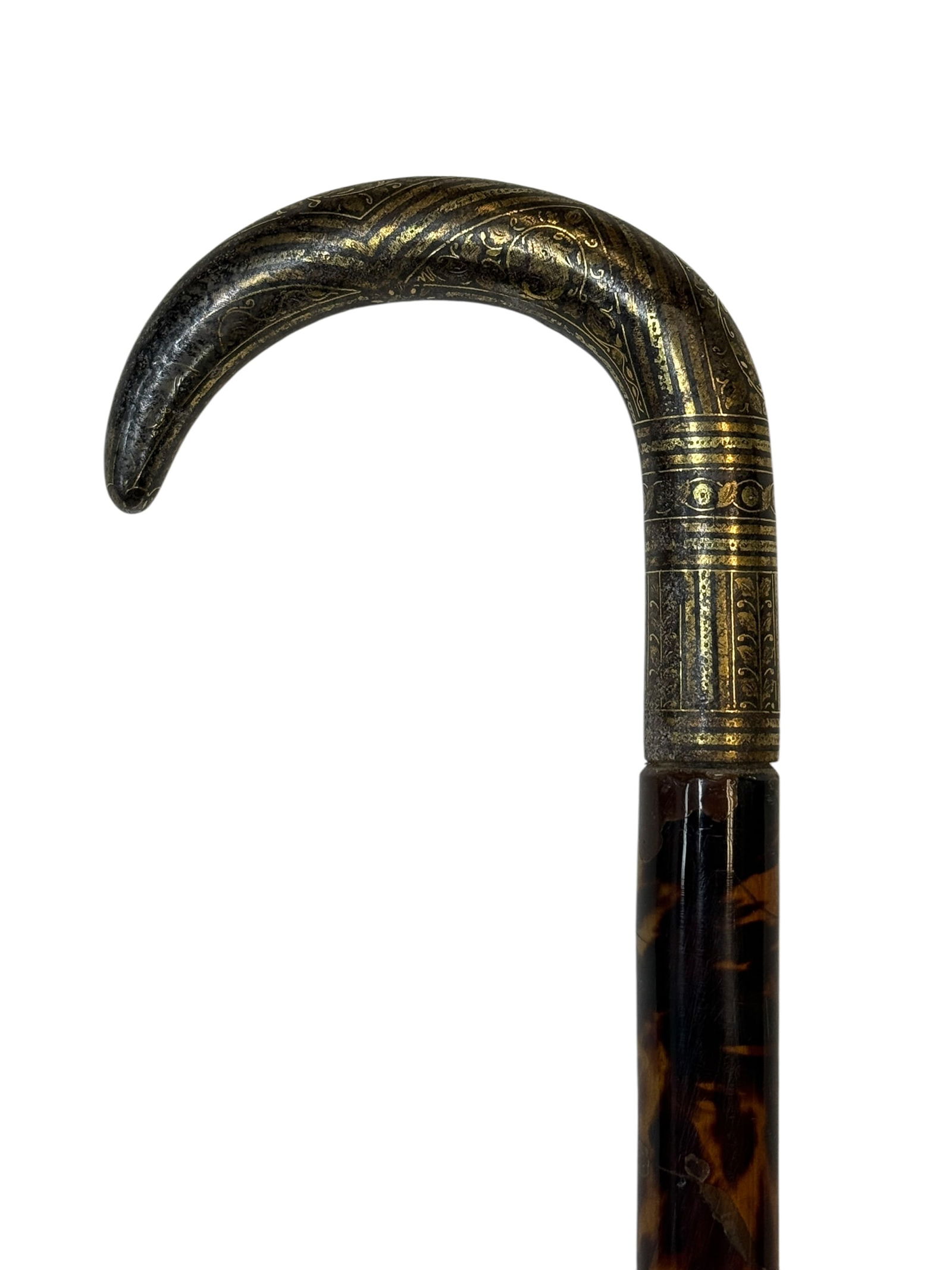 Early 20th C. Niello & Shell Presentation Cane w/ Gold Band (1 of 10)