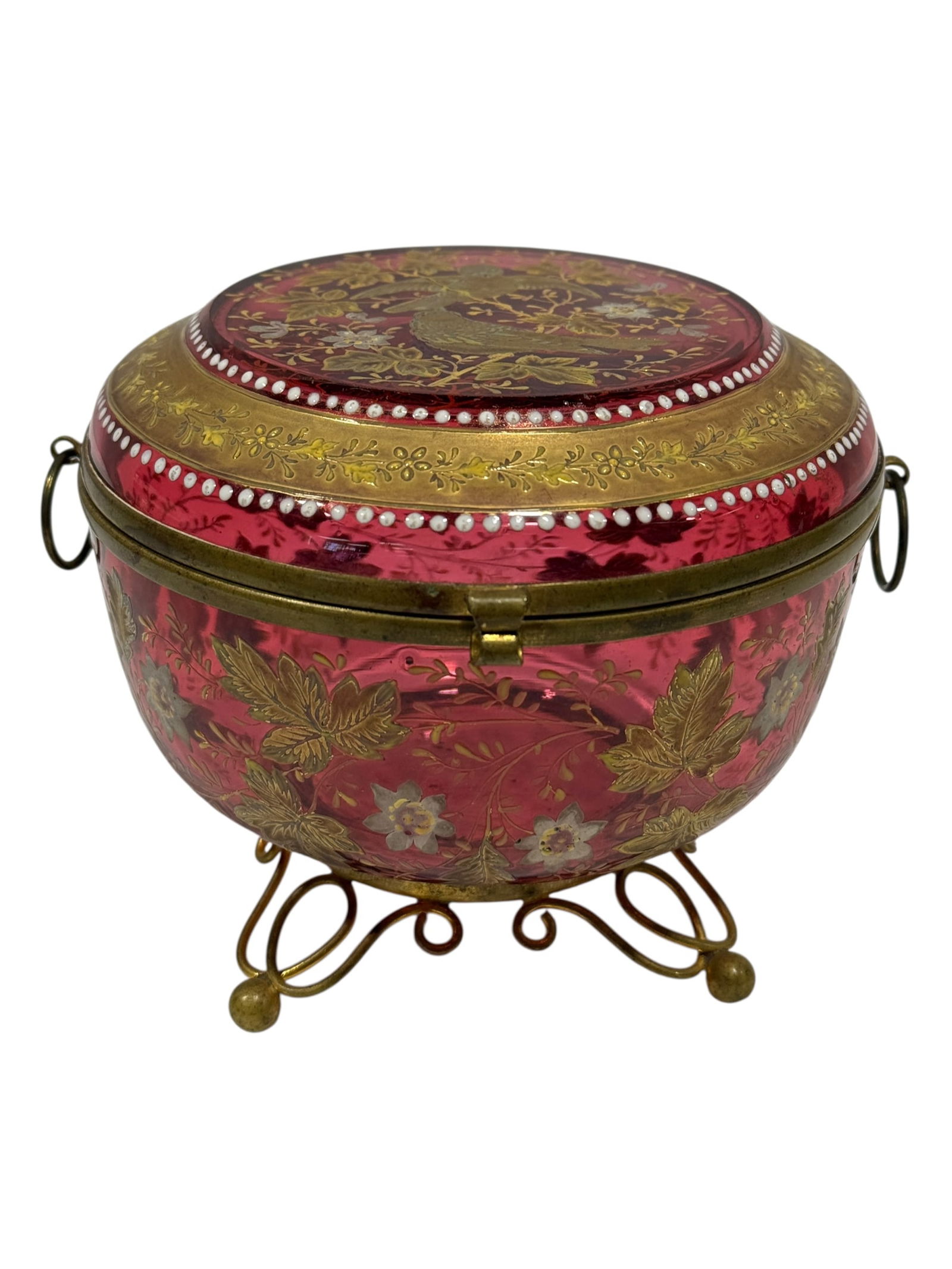 RARE Late 19th C. Bohemian Moser Cranberry Glass Footed Box: Exceptional late 19th century Moser footed round dresser box crafted in rich cranberry glass and lavishly decorated in gilt and enamel, the domed lid finely painted with two birds perched among leafy