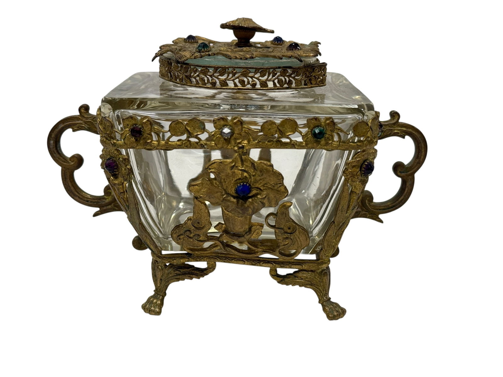 Late 19th C. Jeweled French Gilt Bronze Mounted Glass Casket Box (1 of 8)