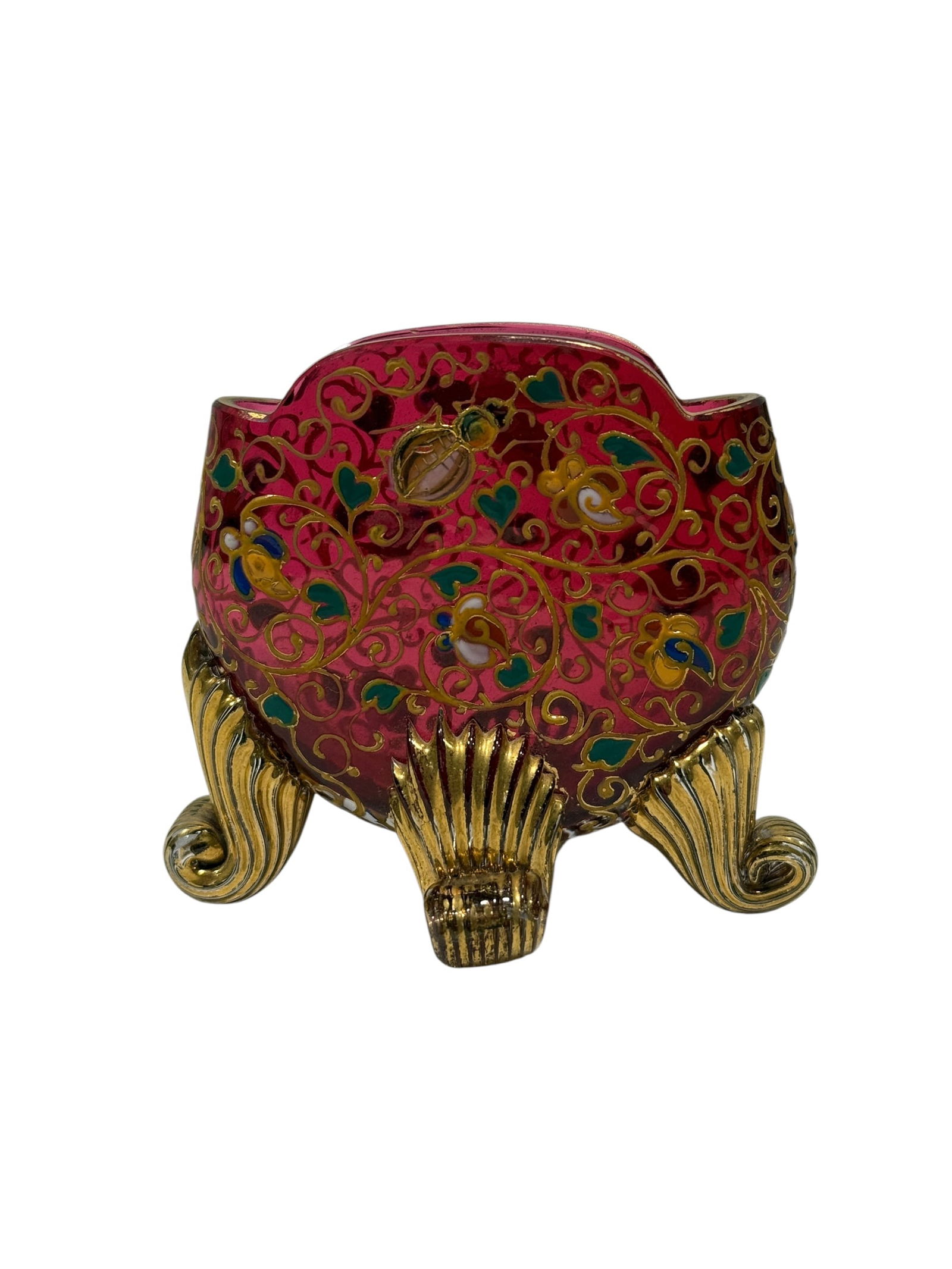 Rare Signed Moser Late 19th C. Gilt & Enamel Cranberry Glass Footed Vase (1 of 6)