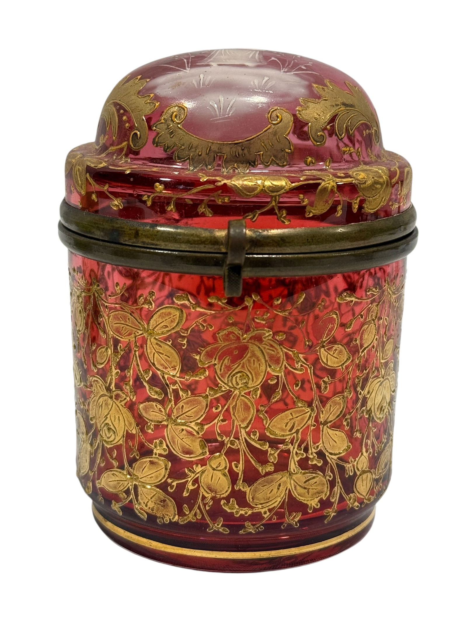 Late 19th C. Bohemian Moser Cranberry Gilt & Enamel Dresser Box: An elegant late 19th century Bohemian cranberry glass dresser box, richly decorated with fine gilt floral vines and scrolling foliage over a deep ruby-pink ground, the domed lid featuring a delicate c