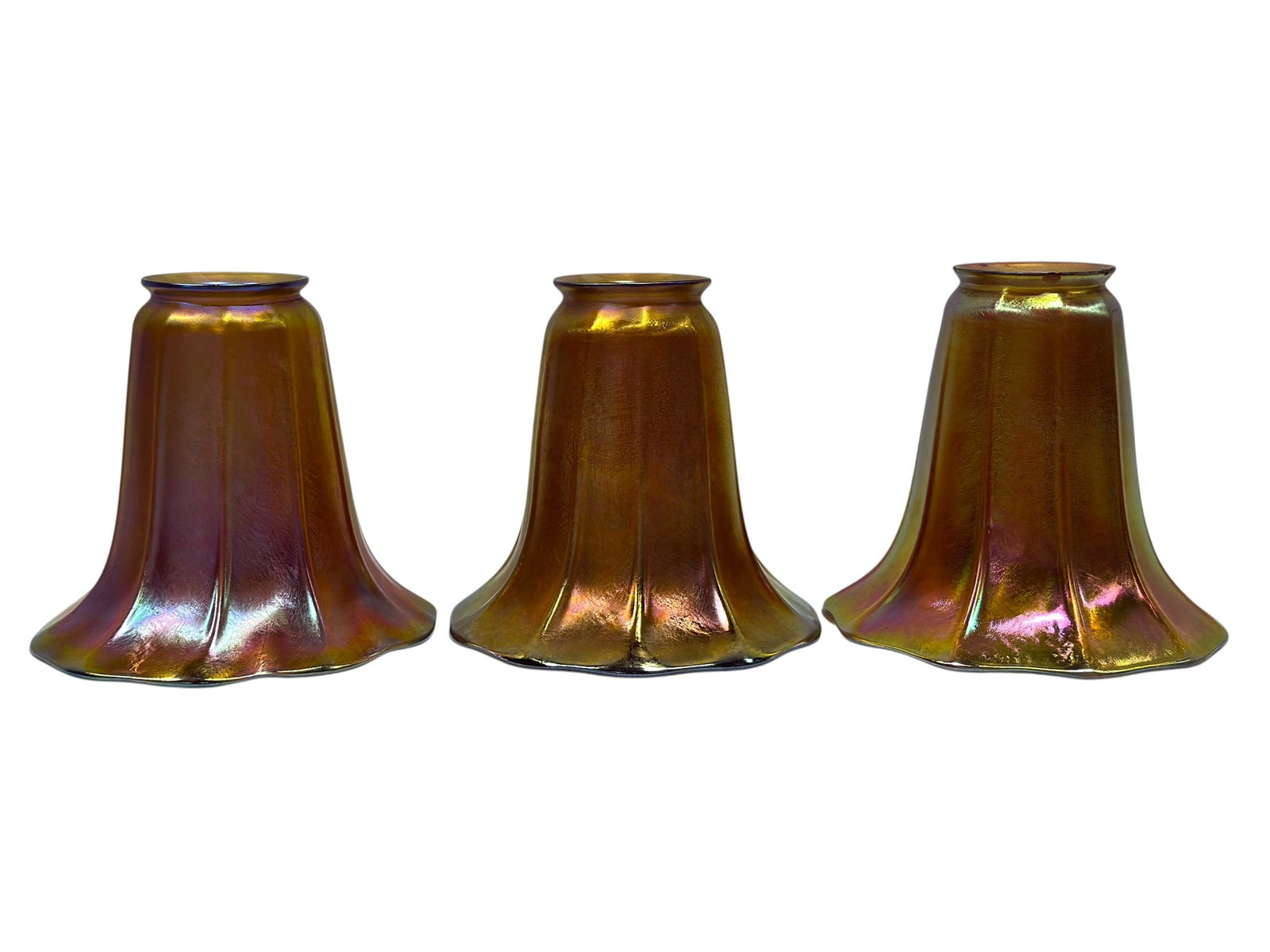(3) Early 20th C. Steuben Gold Aurene Tulip Ribbed Art Glass Shades (1 of 12)