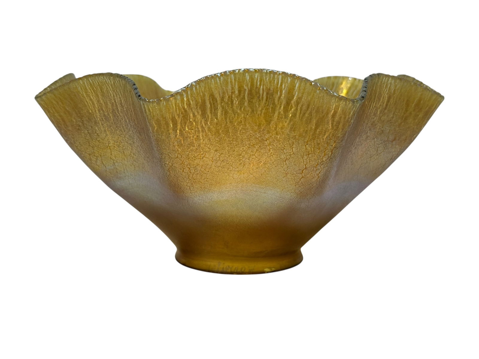 Louis Comfort Tiffany “Favrile” Iridescent Art Glass Shade: This antique Louis Comfort Tiffany Favrile art glass candle lamp shade features a beautifully flared, scalloped tulip form with a rich golden iridescent surface that shifts with subtle pink and amber