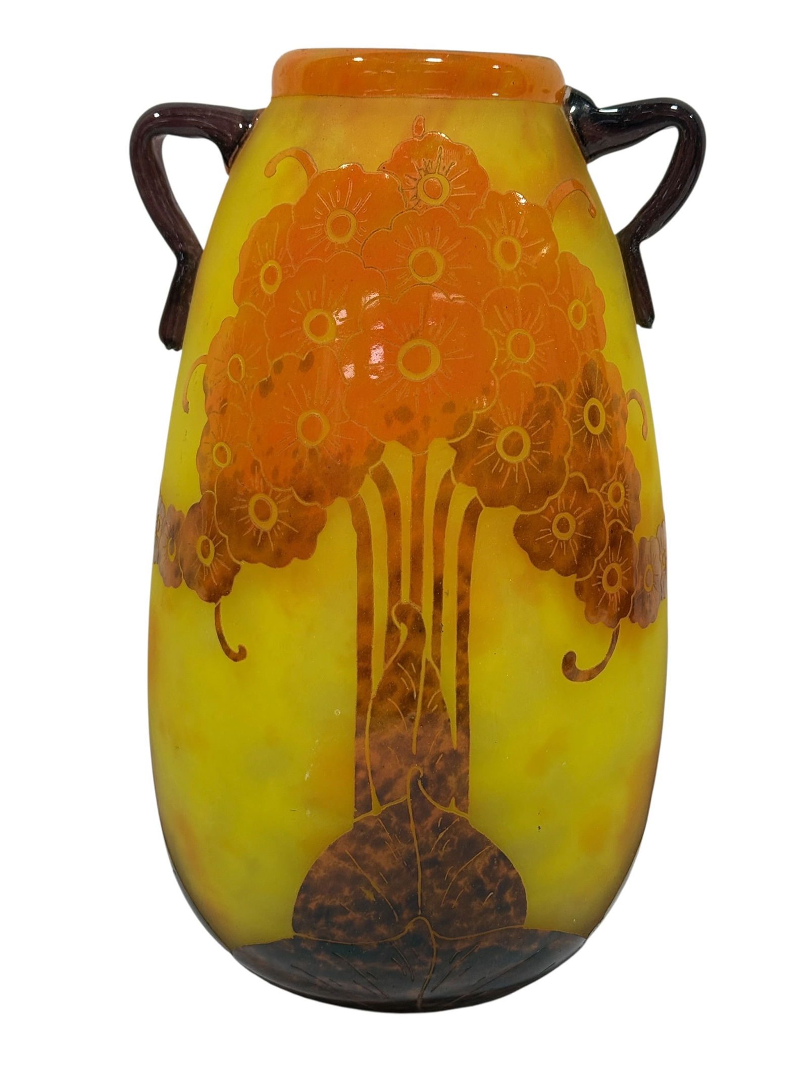 Circa 1930s Le Verre Français Schneider Ovington Cameo Art Glass Vase: Large and striking circa 1930s French Art Deco two-handled cameo glass vase by Le Verre Français (Schneider), executed in a vivid mottled frosted yellow and orange ground overlaid with rich amber