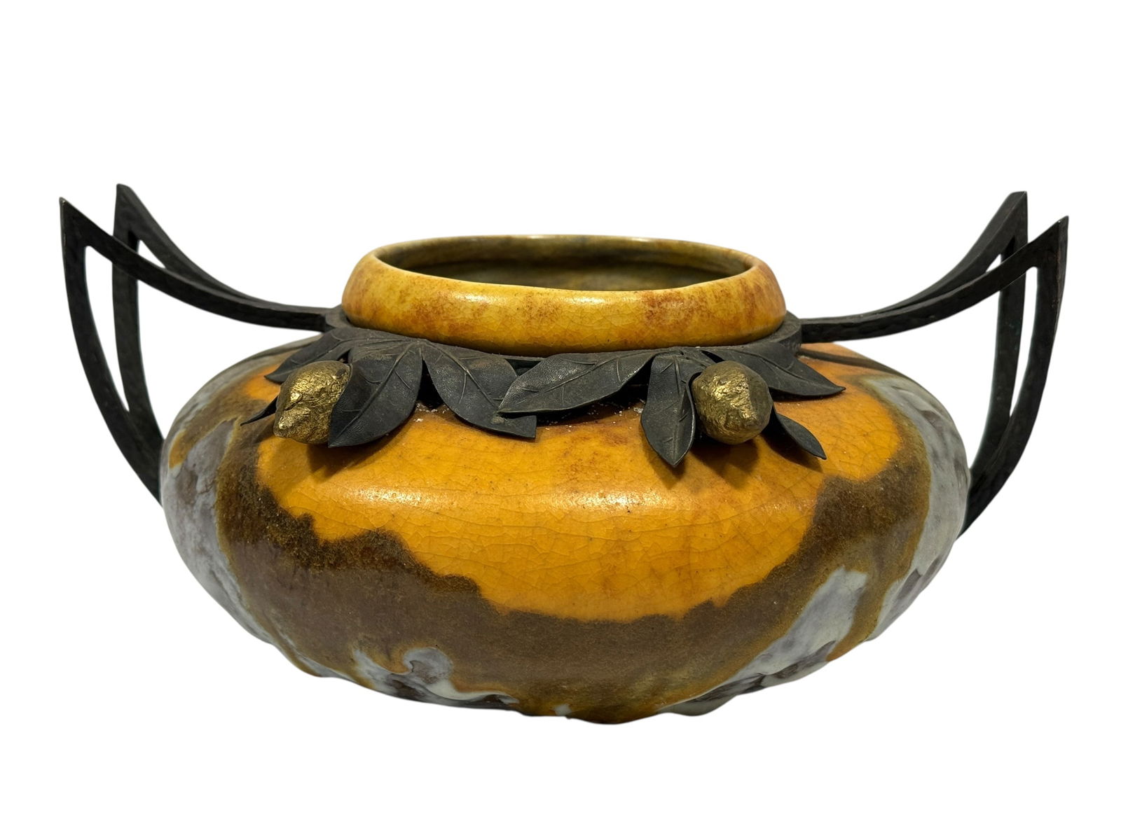 c. 1925-1930 Louis-Auguste Dage & Eugène Val Art Deco Metal-Mounted Pottery Vase: A striking and sculptural French Art Deco pottery vase by Louis-Auguste Dage (1885–1961) in collaboration with metalworker Eugène Val, executed in a bold, low, rounded form with a wide coll