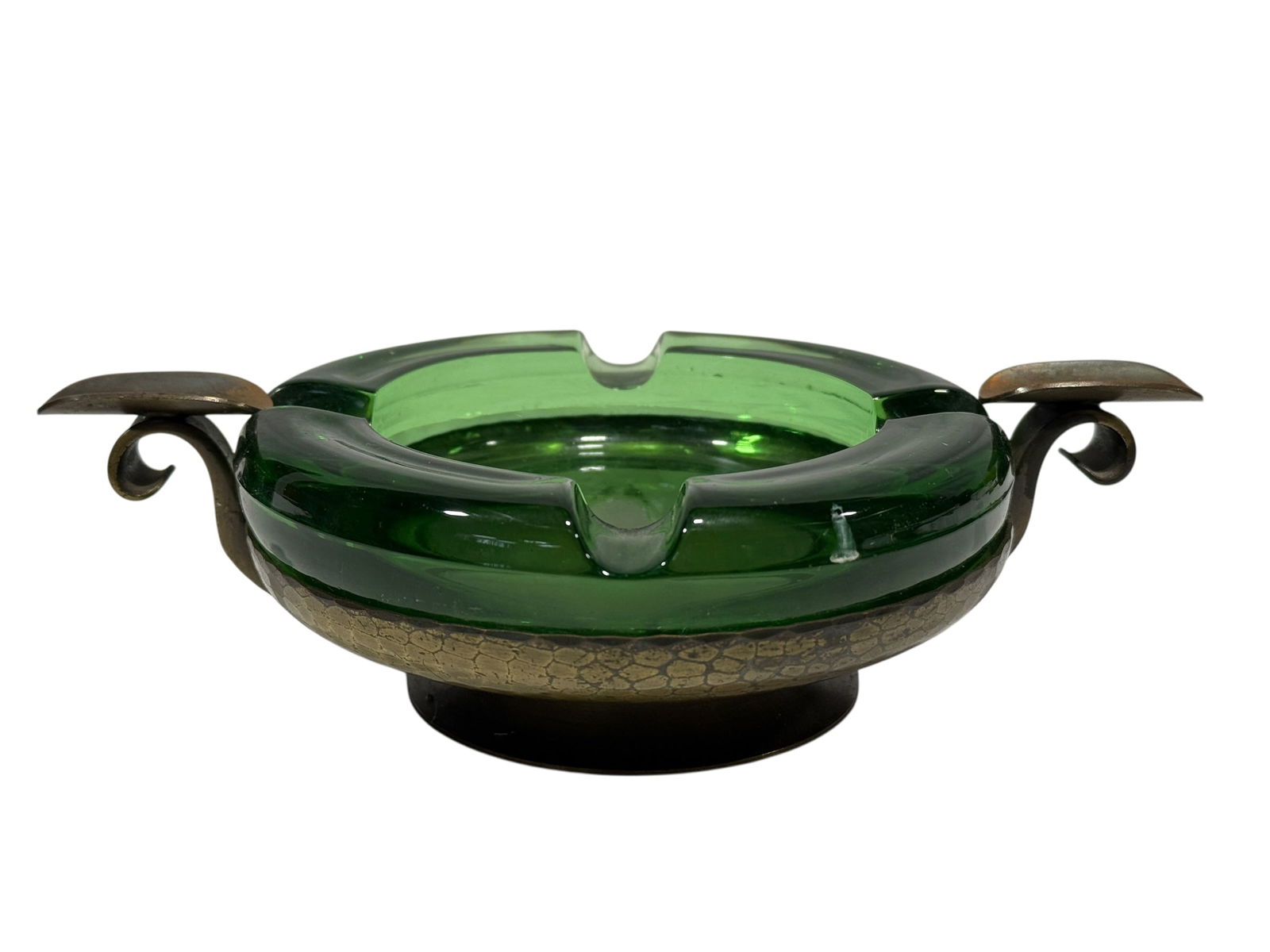 Signed Roycroft Arts & Crafts Hammered Bronze & Uranium Glass Ashtray (1 of 13)