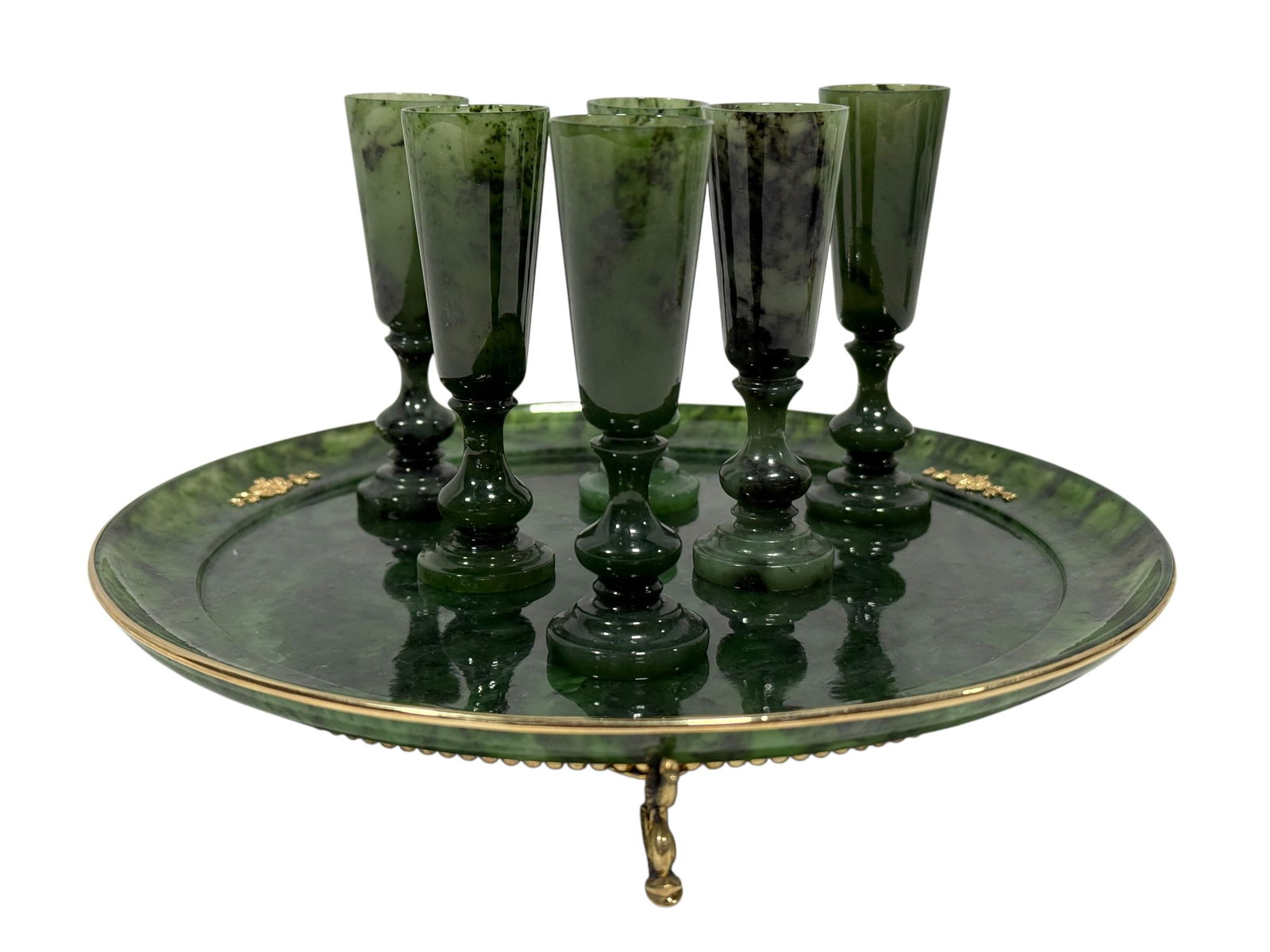 Cir 1896–1908 Russian Nephrite Jade & Vermeil Silver Tray w/ 6 Jade Cordials (1 of 13)