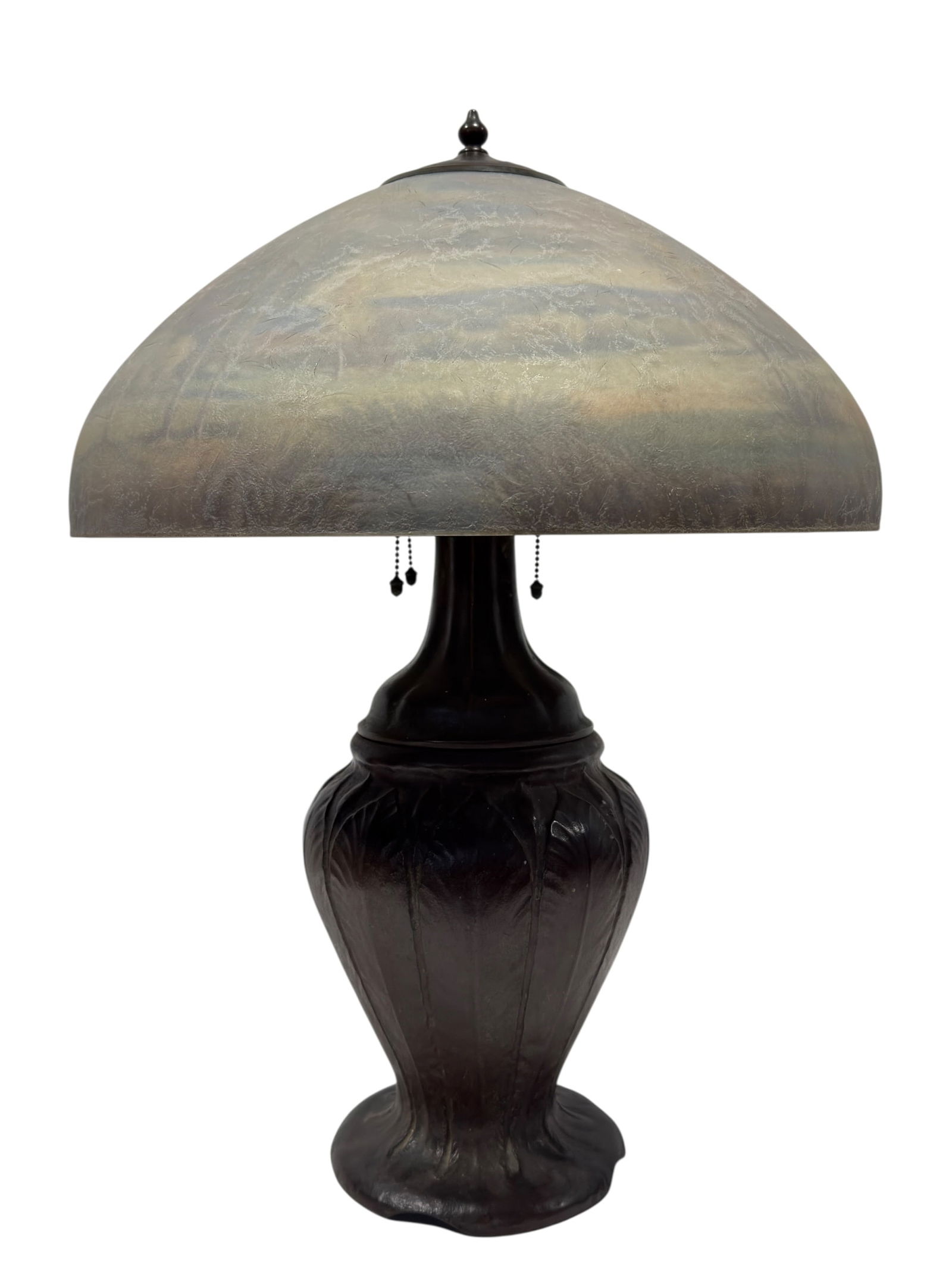 Early 20th C. Handel Artist Signed Reverse Painted Bronze "Landscape" Lamp: Exceptional early 20th century Handel reverse painted scenic table lamp featuring a beautifully executed domed glass shade decorated on the interior with a tranquil pastoral landscape scene rendered i