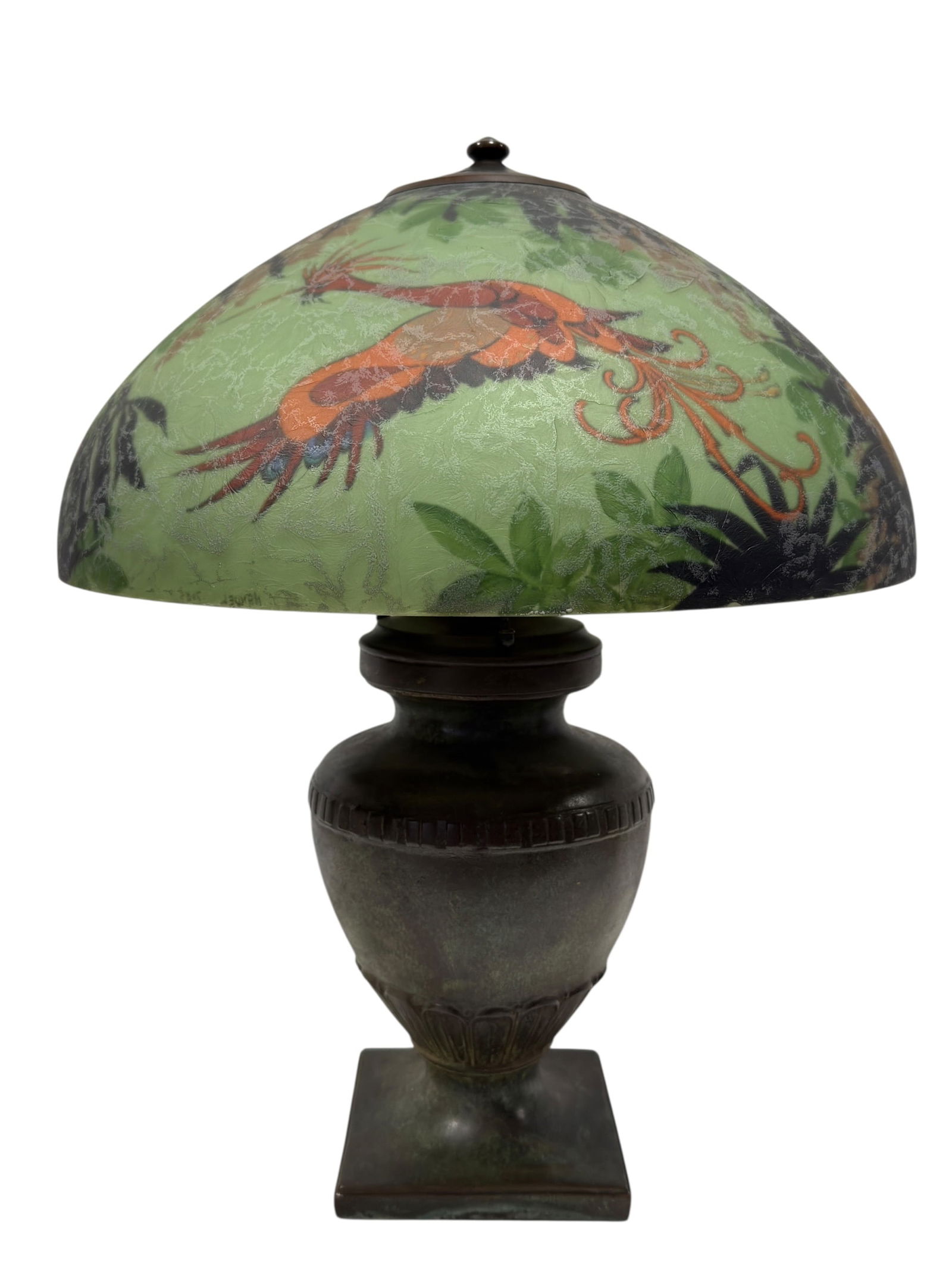 RARE Early 20th C. Handel Artist Signed Reverse Painted Bronze “Jungle Bird” Lamp: Exceptional and rare early 20th century Handel reverse painted table lamp featuring a vibrant jungle bird motif, the domed glass shade beautifully decorated with a striking red exotic bird in flight s