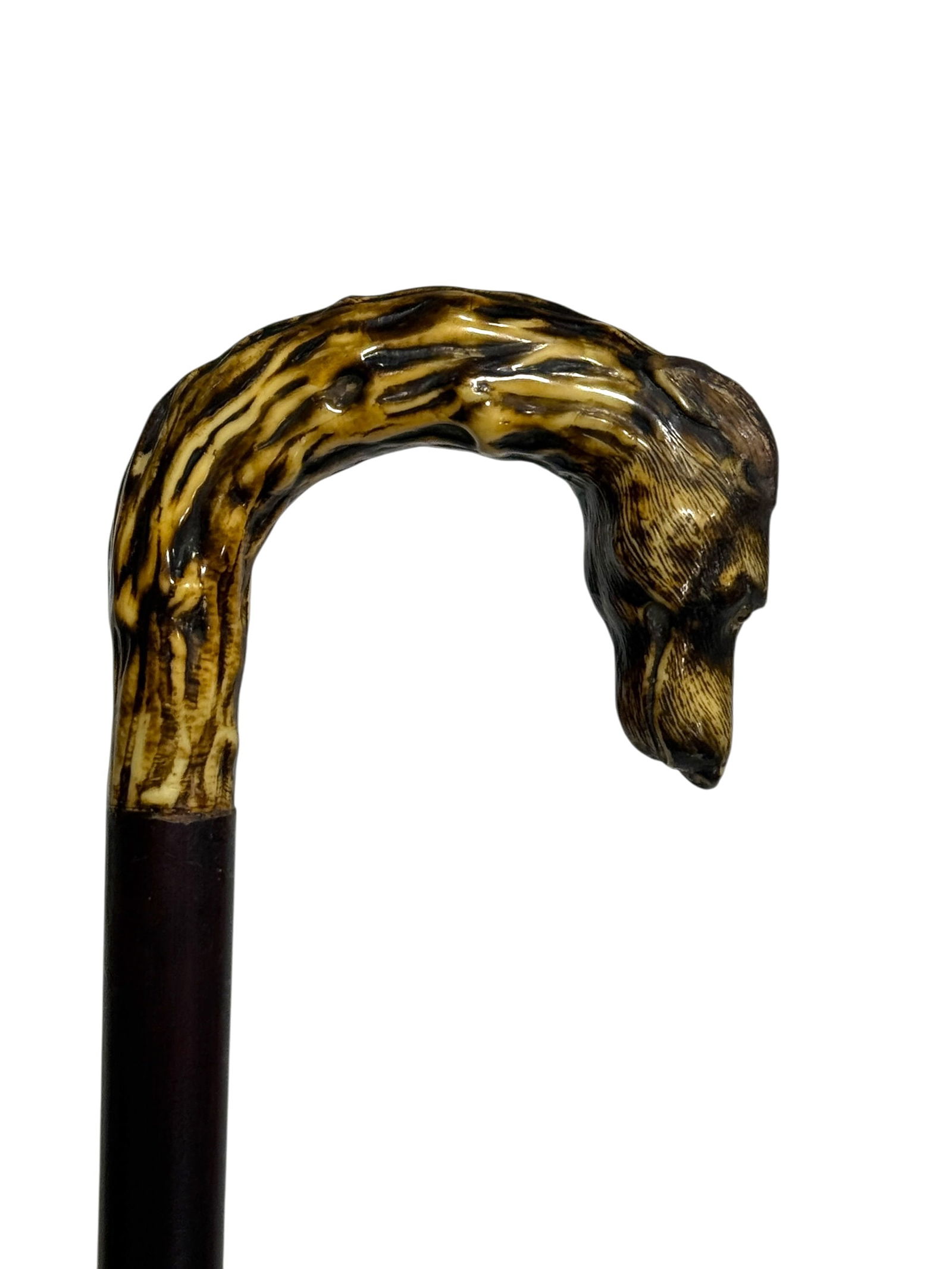 Late 19th Century Glass Eyed Carved Wood Dog Head Cane: Finely carved late 19th century figural walking cane featuring a naturalistically modeled dog head handle, likely depicting a hound or sporting breed, with expressive inset glass eyes and carefully in