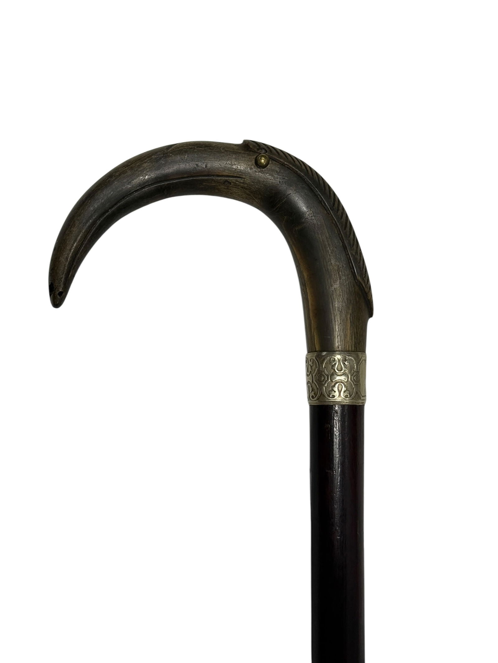 Late 19th to Early 20th C. Carved Cattle Horn Cane w/ Silver Collar (1 of 9)