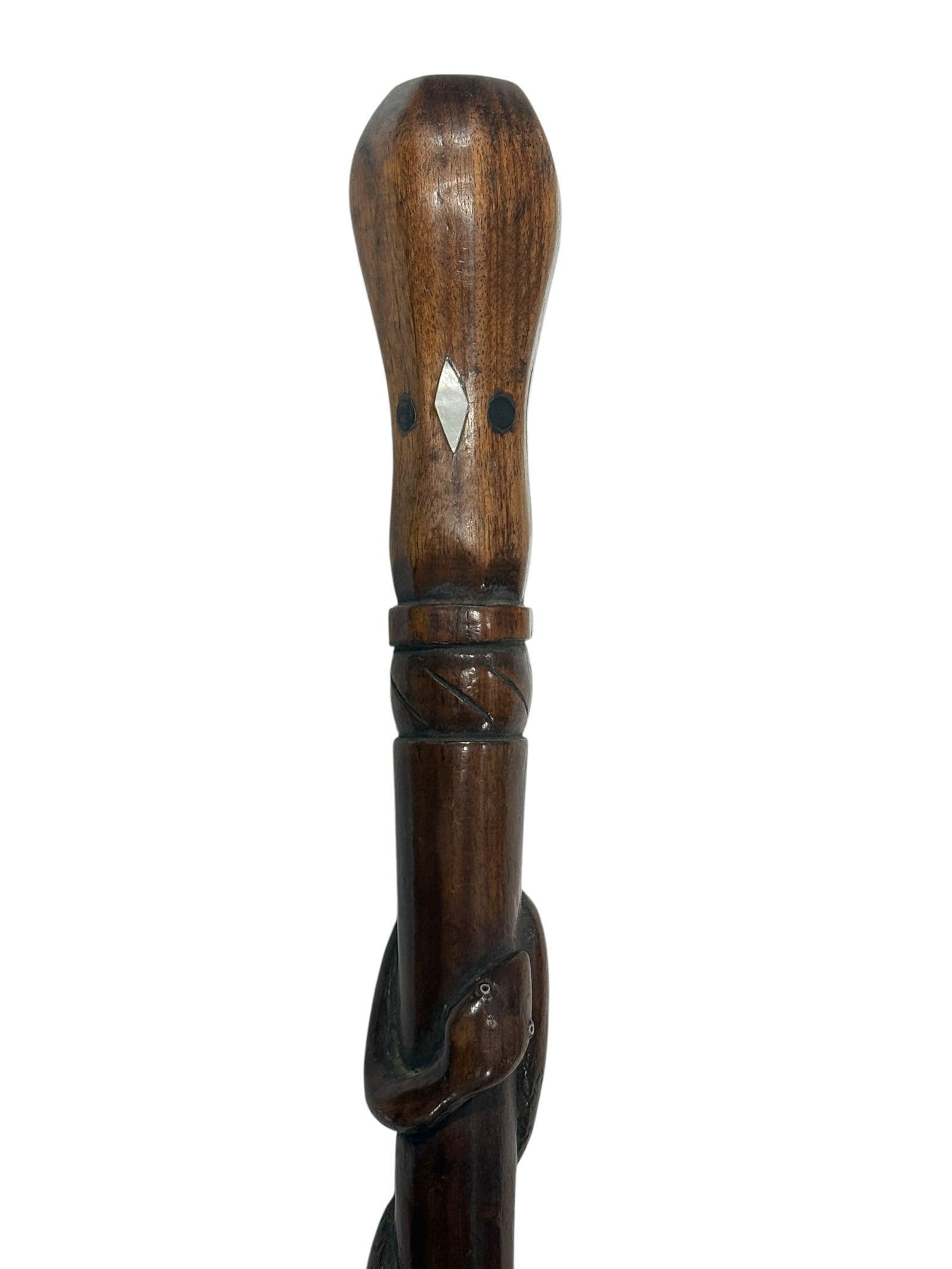 Late 19th C. Style Carved Wood Snake Cane w/ Mother of Pearl Inlay (1 of 6)