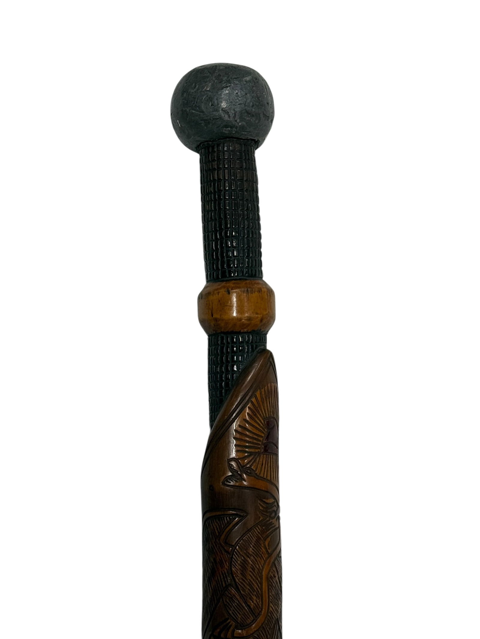 Mid-20th C. Mexican Carved Wood Snake Cane w/ Lead Handle (1 of 9)