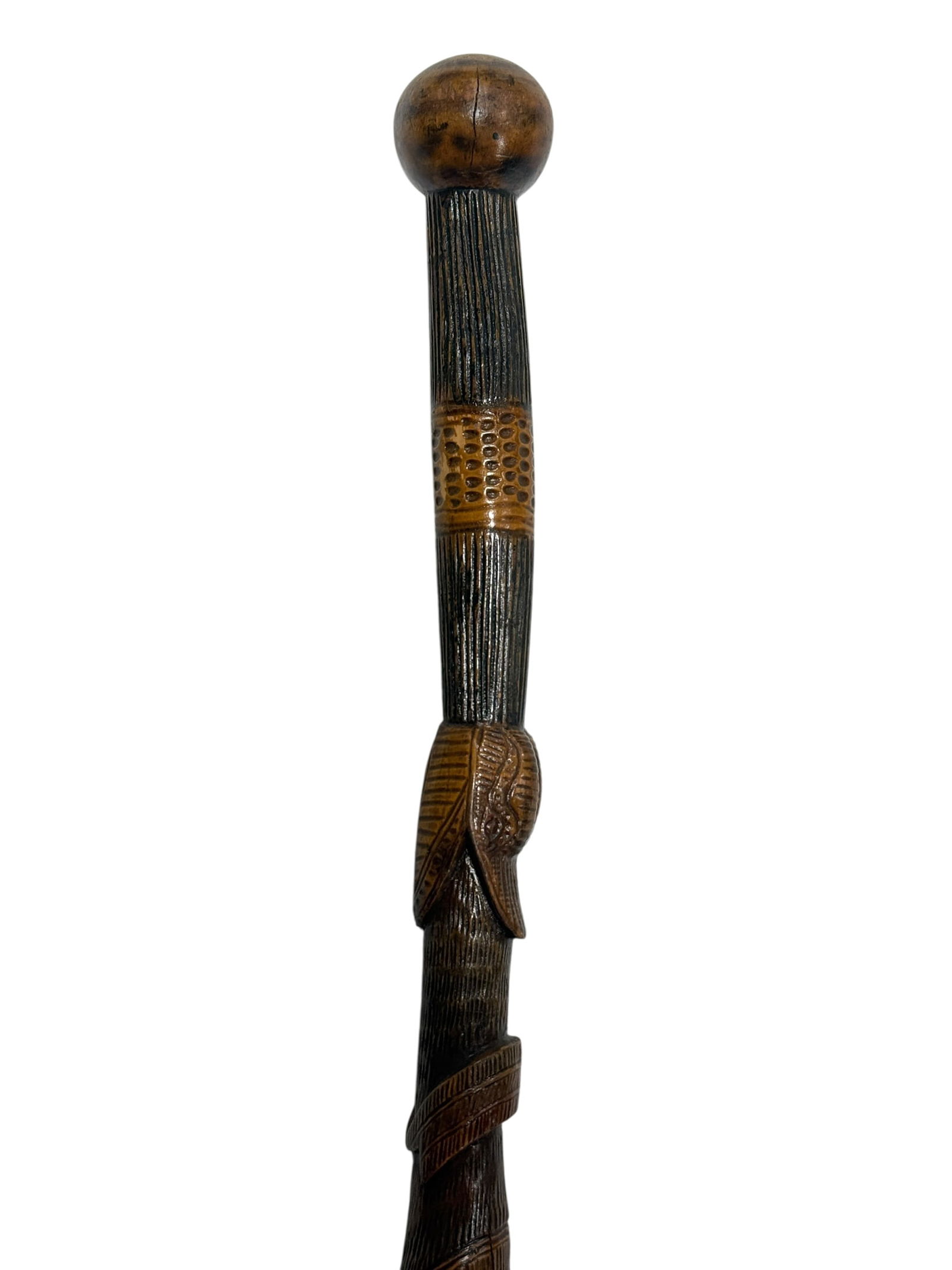 Early 20th C. Folk Art Carved Wood Snake, Lizard & Duck Cane (1 of 9)