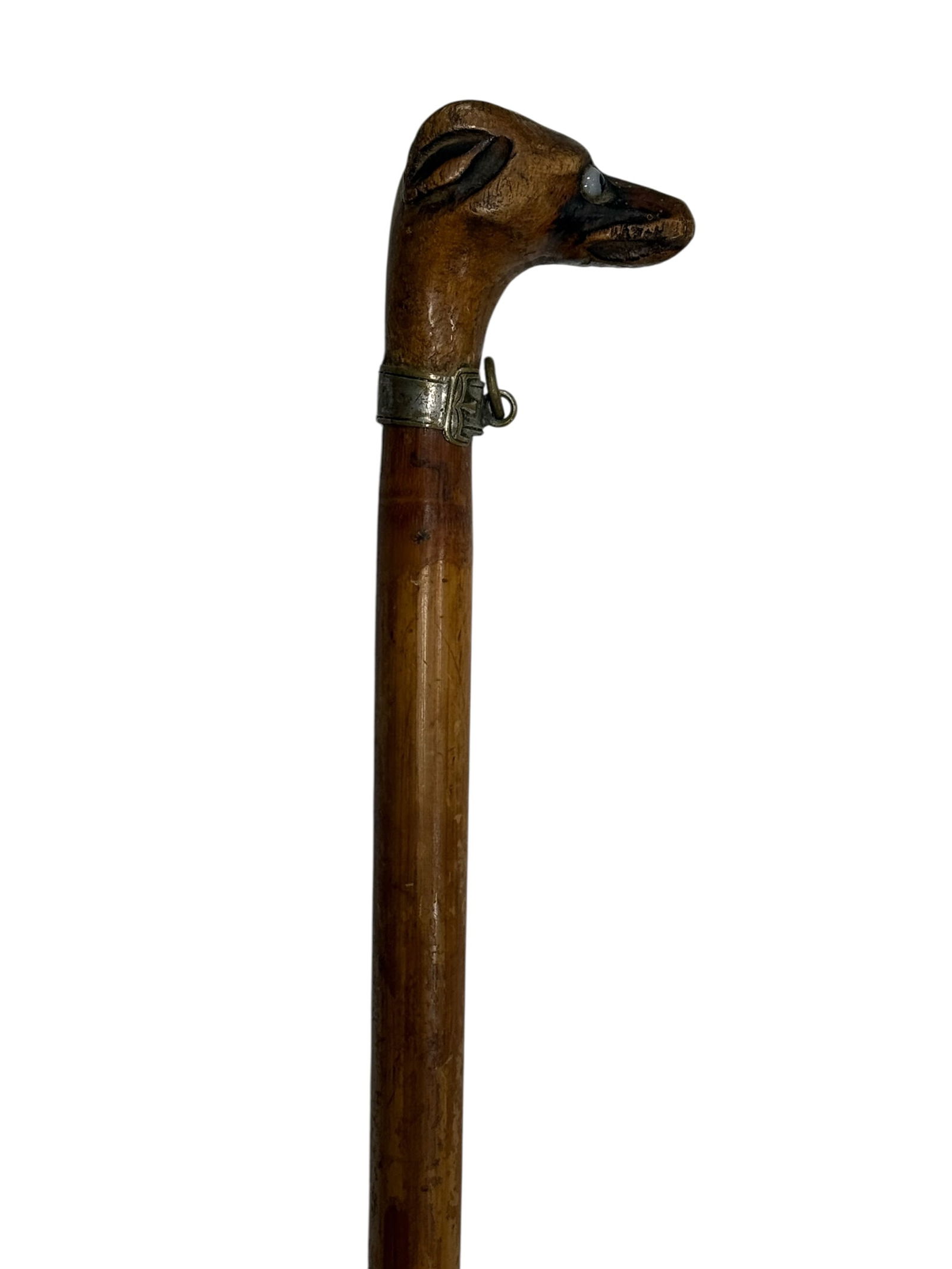 Antique Carved Wood Dog Head Cane w/ Glass Eyes on Bamboo Shaft (1 of 7)